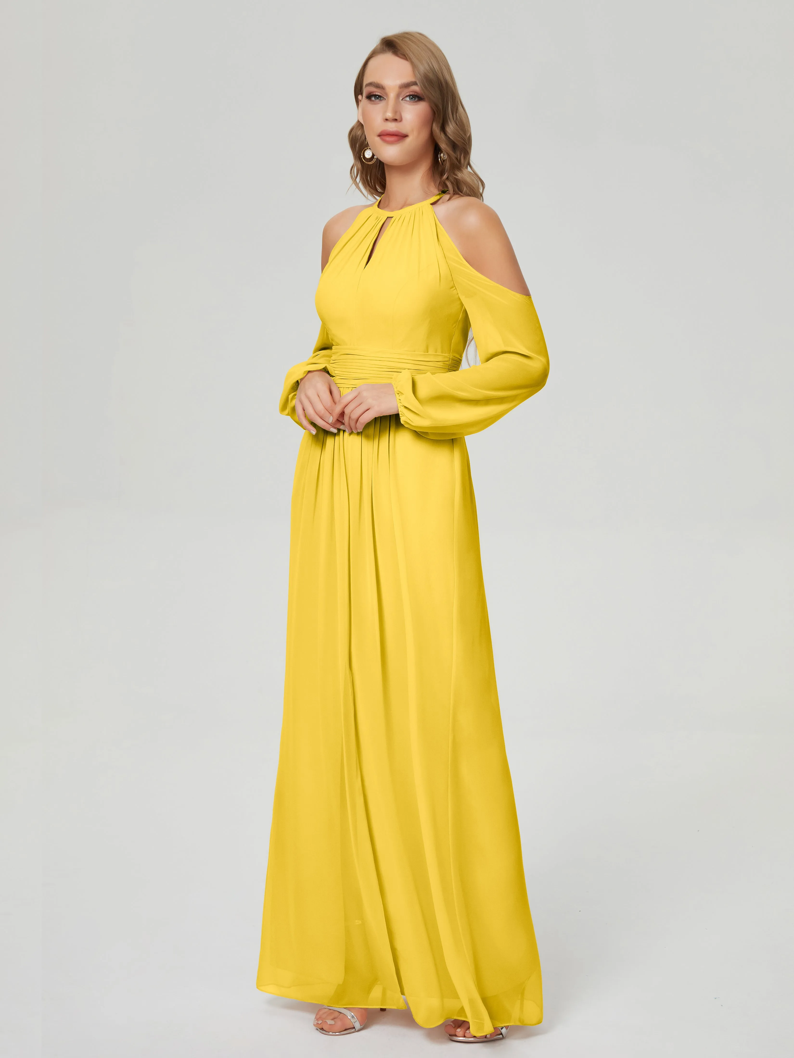 Phoebe Halter Long Sleeves Chiffon Bridesmaid Dresses