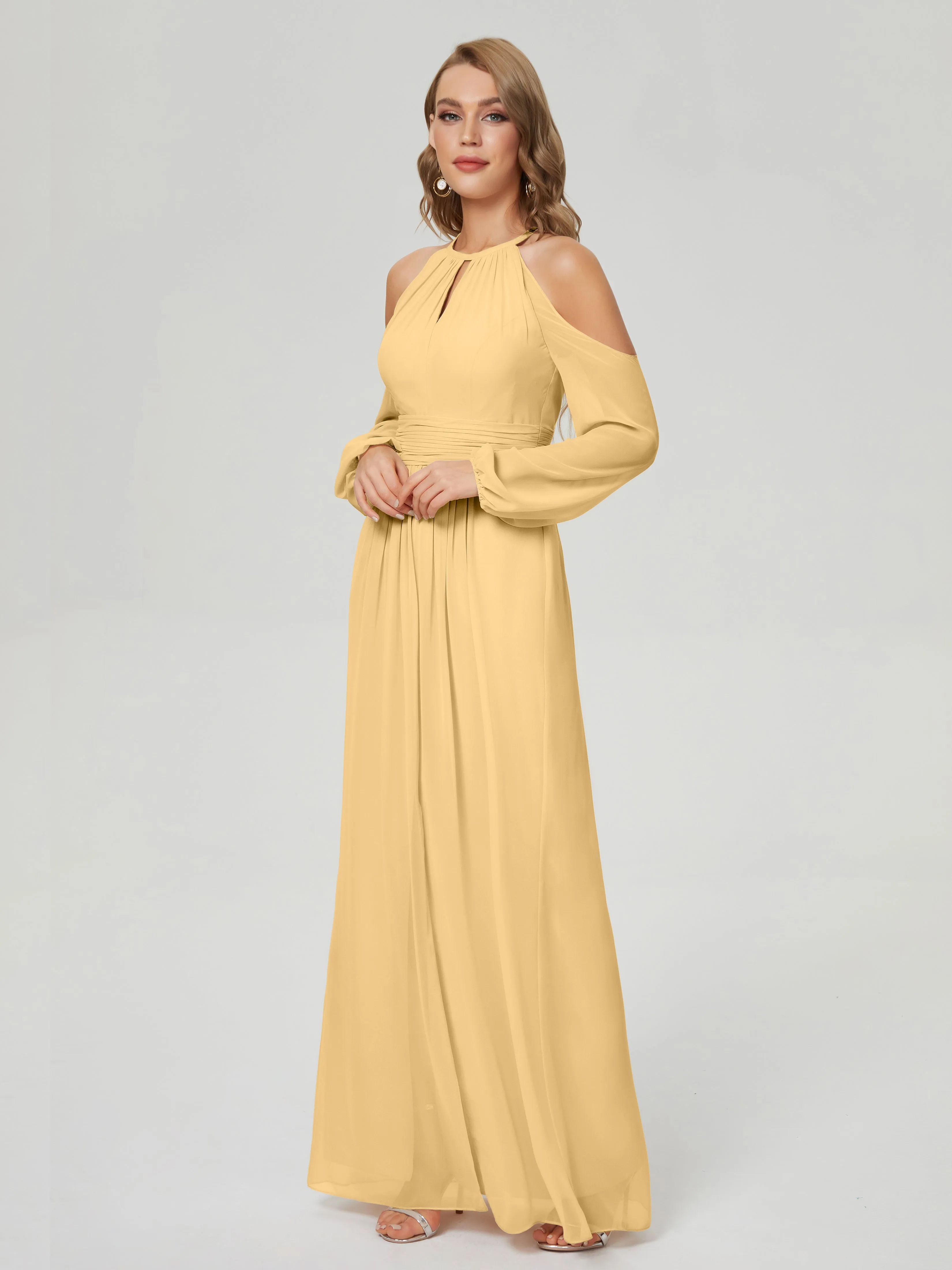 Phoebe Halter Long Sleeves Chiffon Bridesmaid Dresses