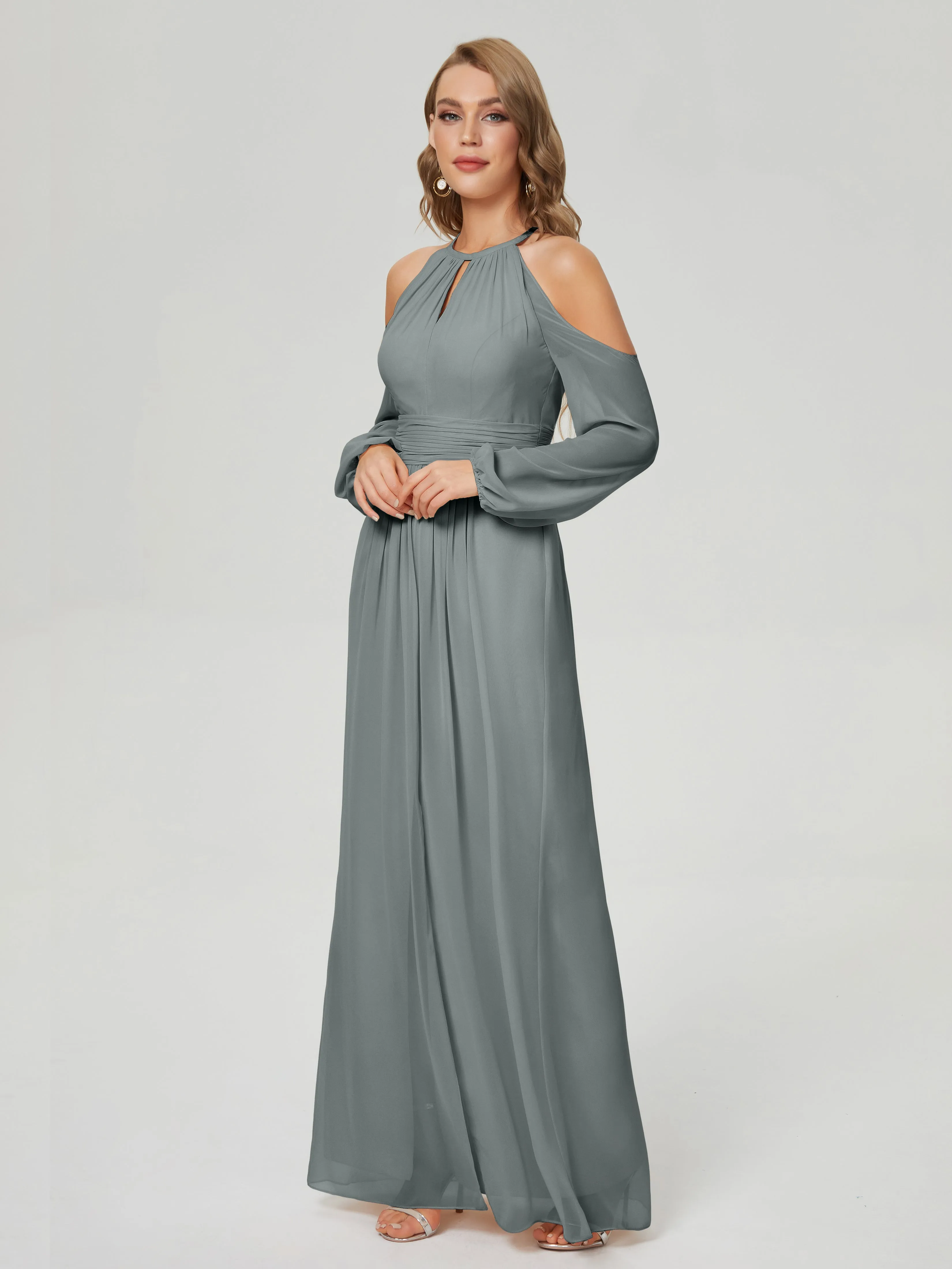 Phoebe Halter Long Sleeves Chiffon Bridesmaid Dresses