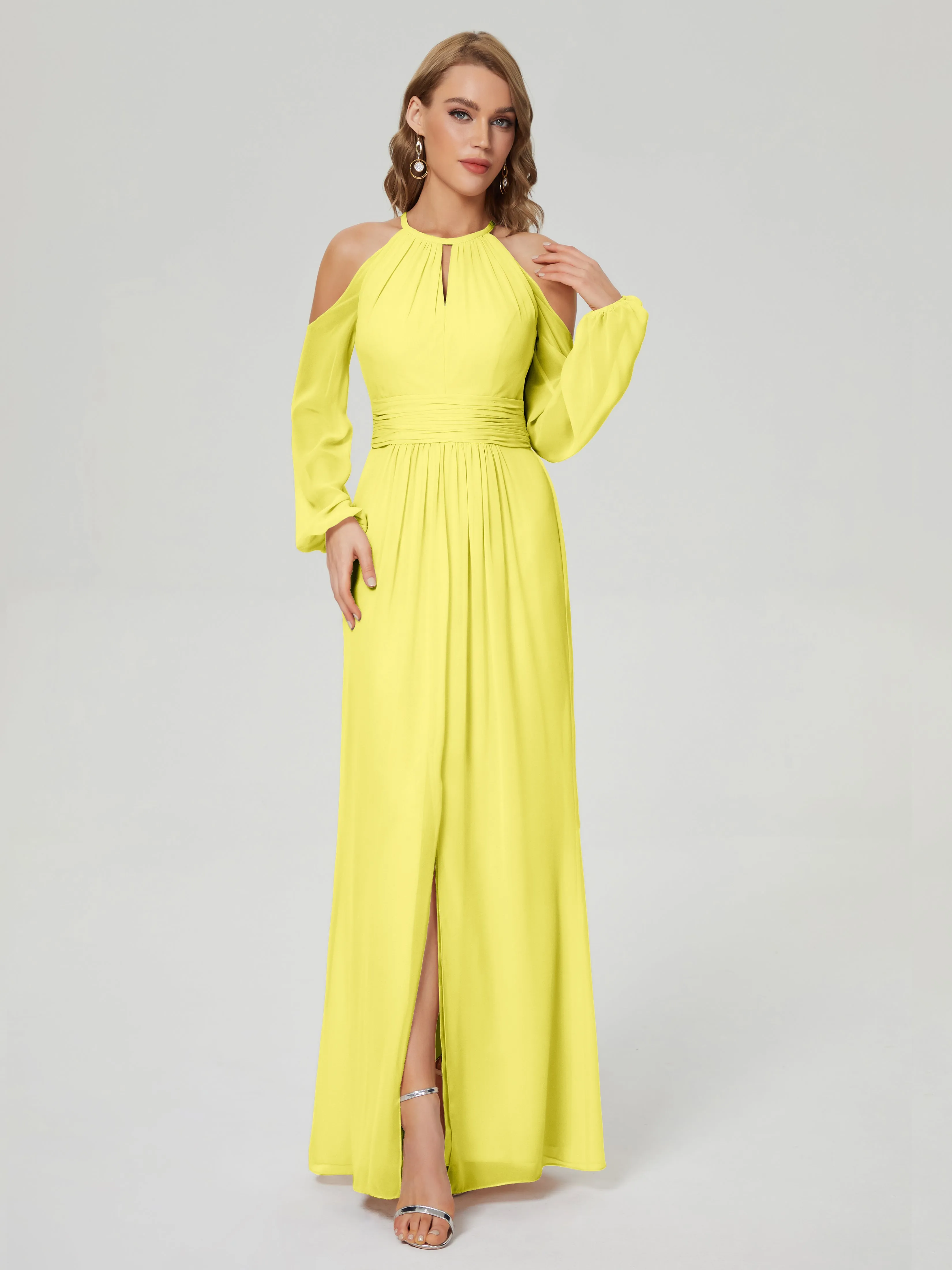 Phoebe Halter Long Sleeves Chiffon Bridesmaid Dresses