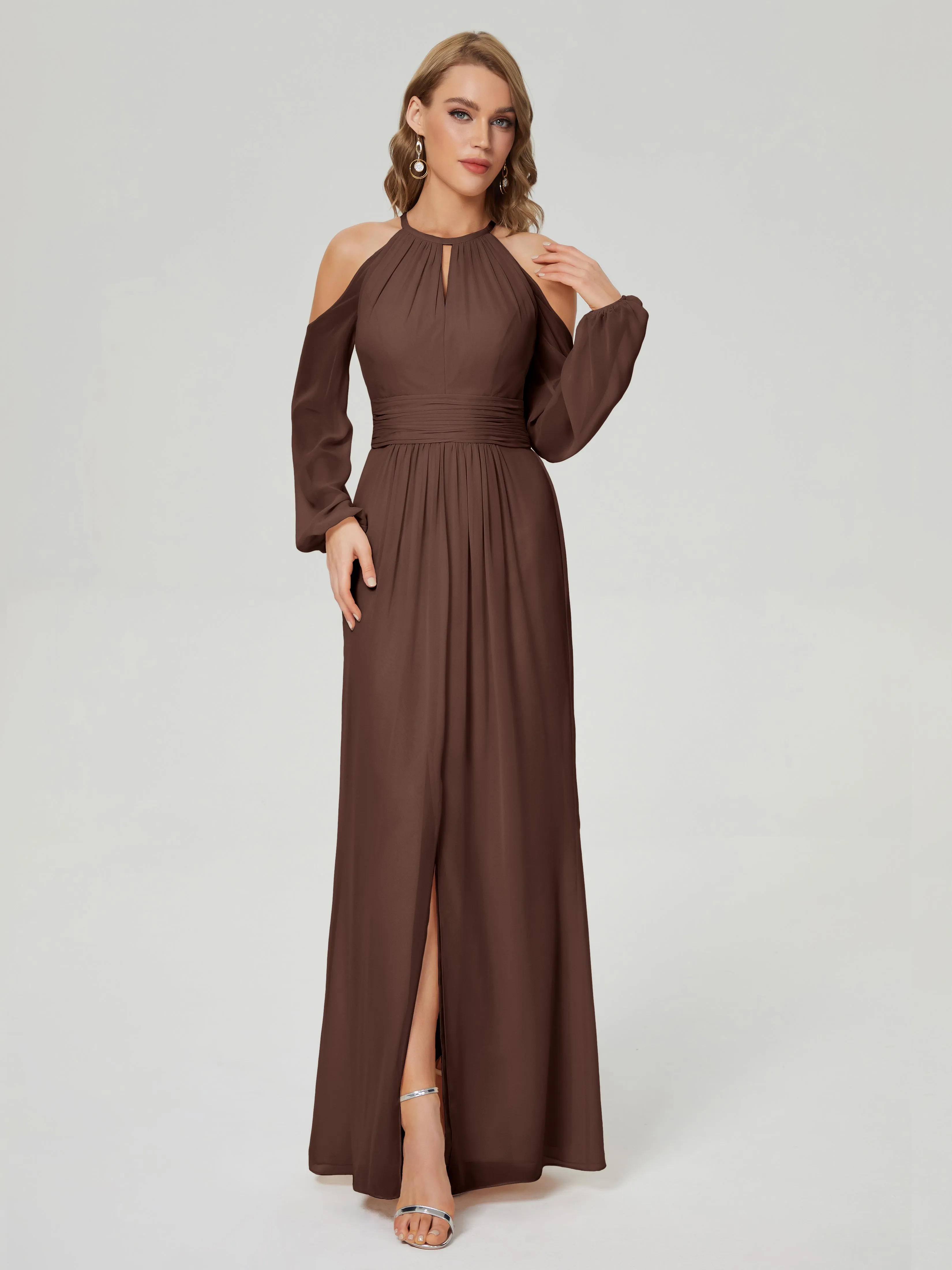 Phoebe Halter Long Sleeves Chiffon Bridesmaid Dresses