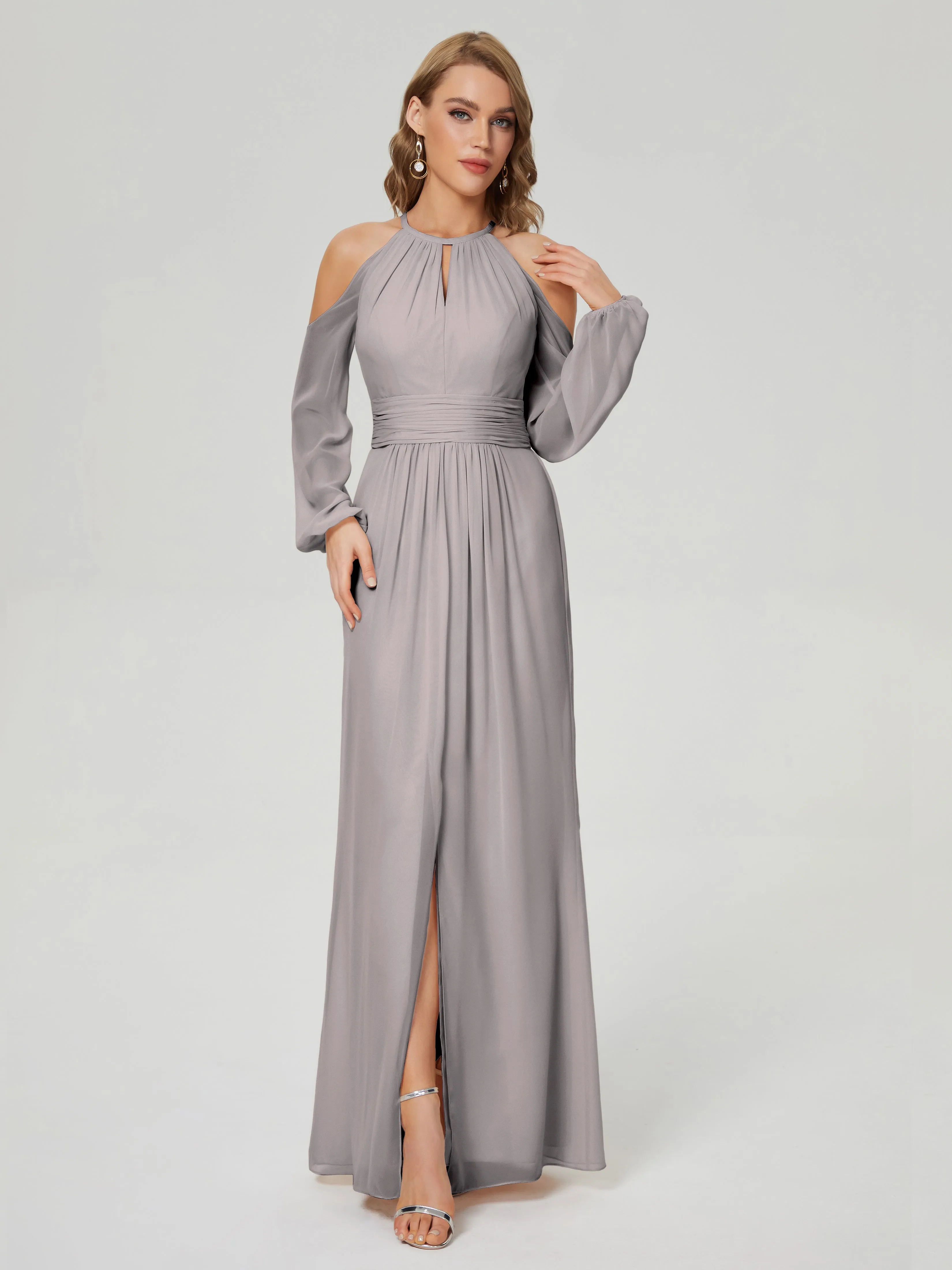 Phoebe Halter Long Sleeves Chiffon Bridesmaid Dresses
