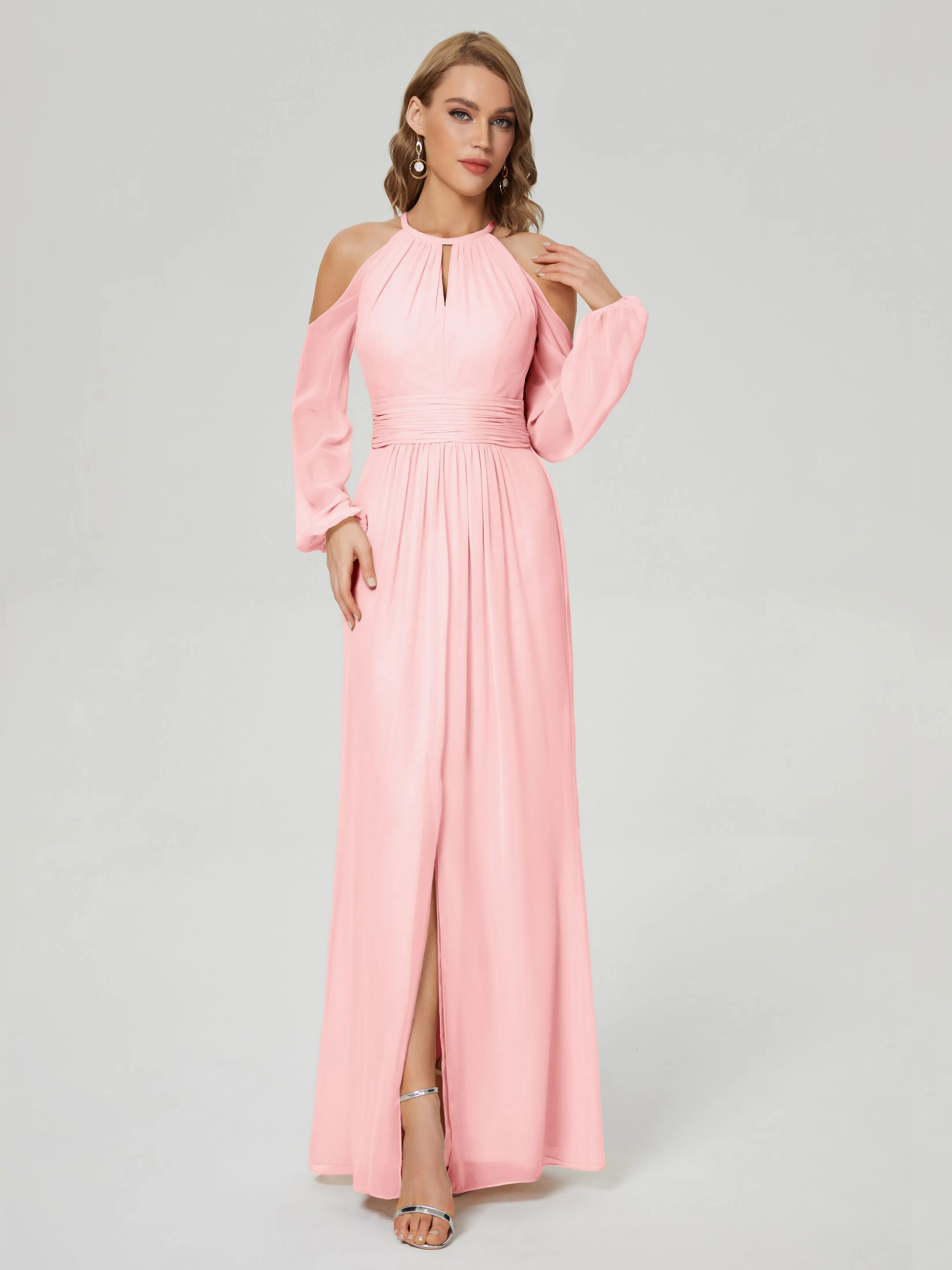 Phoebe Halter Long Sleeves Chiffon Bridesmaid Dresses