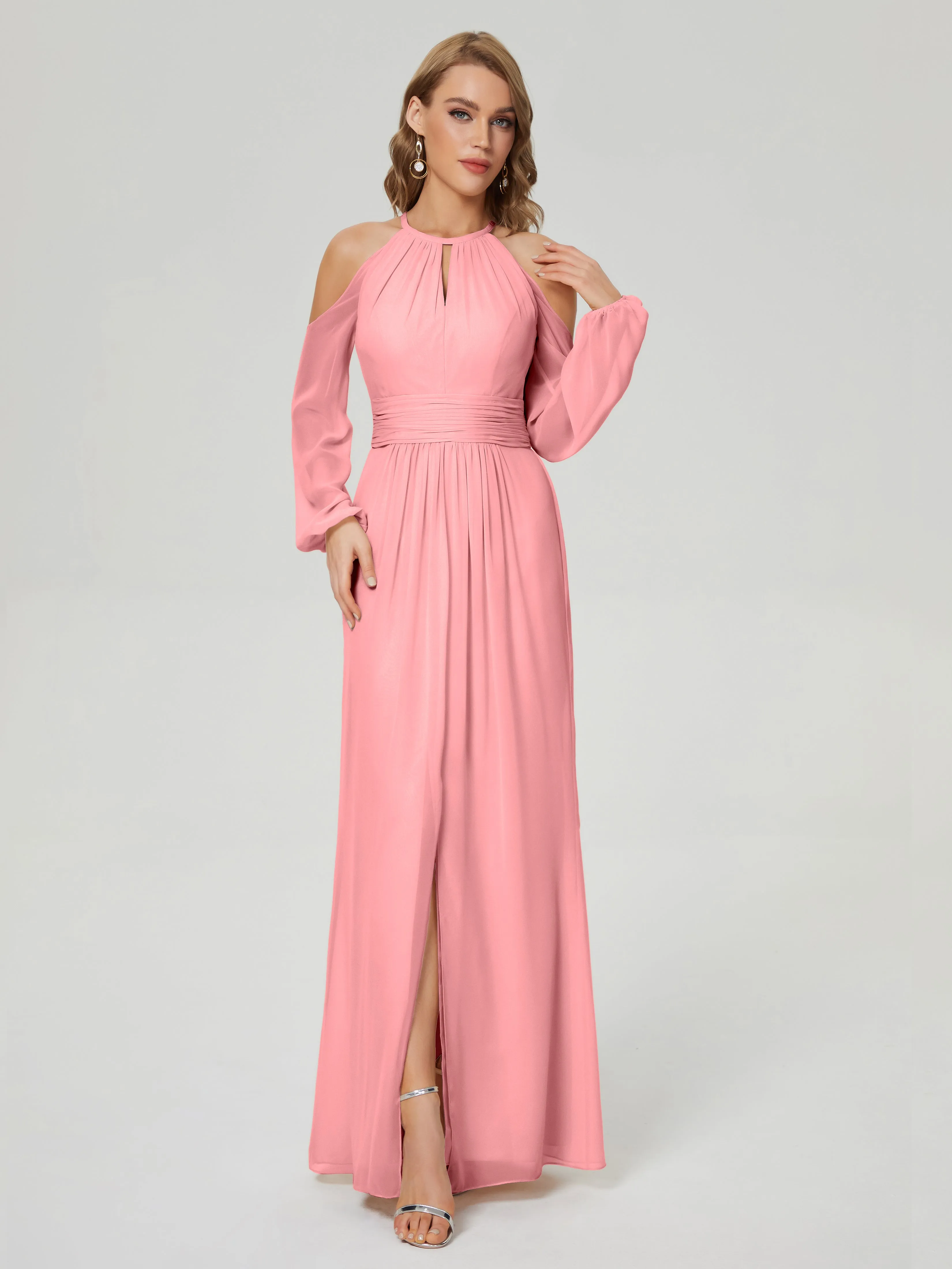 Phoebe Halter Long Sleeves Chiffon Bridesmaid Dresses