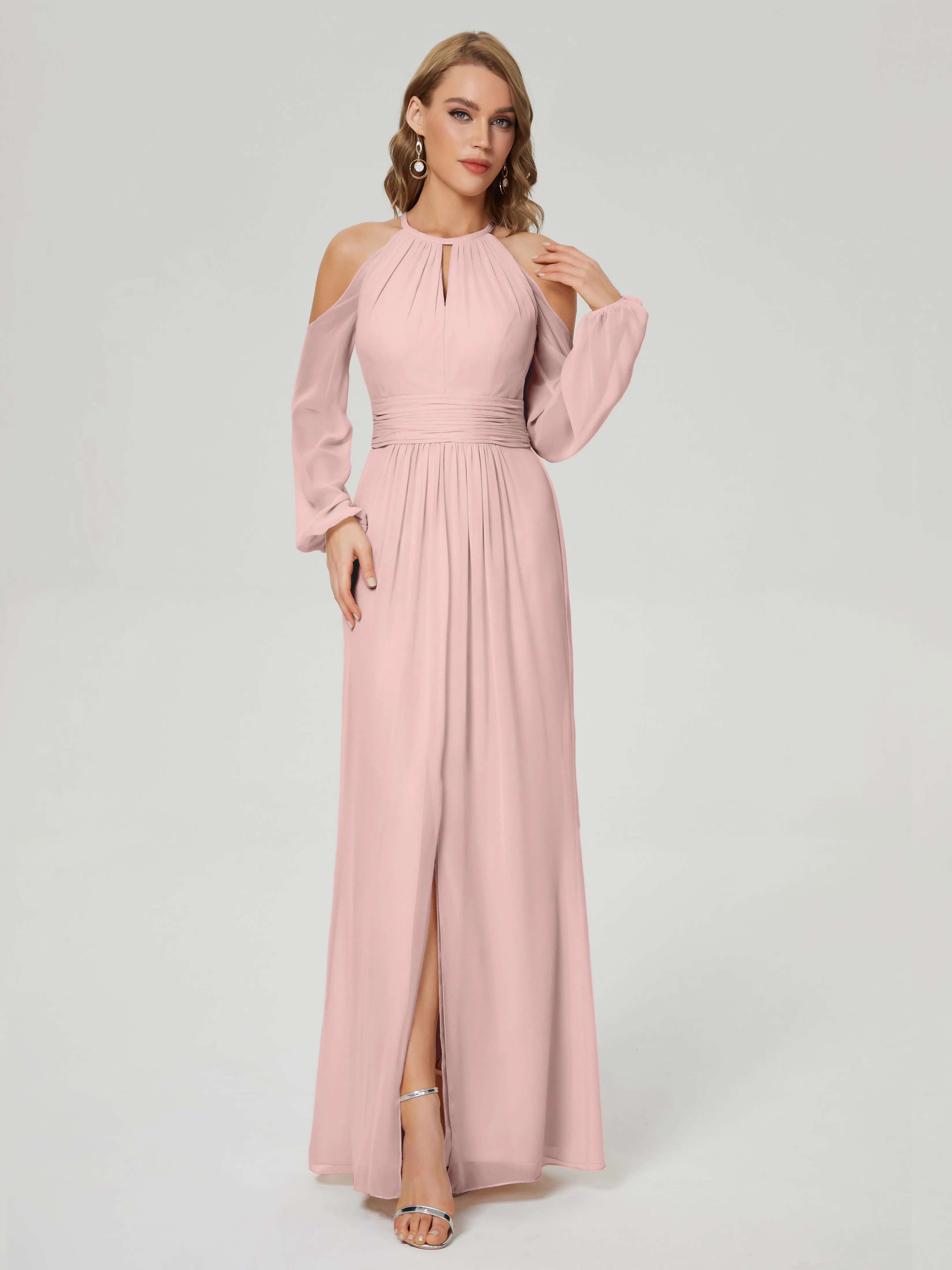 Phoebe Halter Long Sleeves Chiffon Bridesmaid Dresses