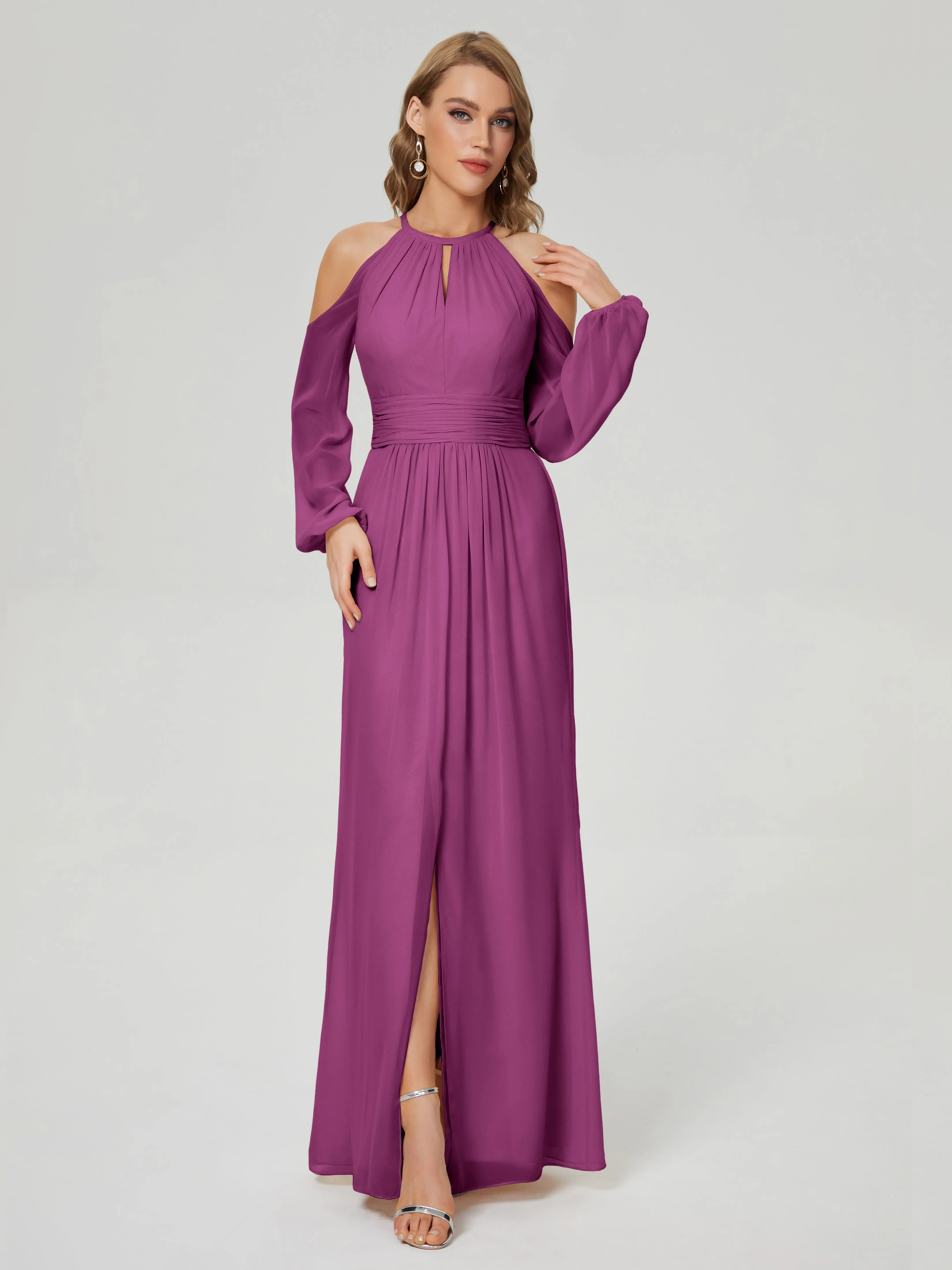 Phoebe Halter Long Sleeves Chiffon Bridesmaid Dresses