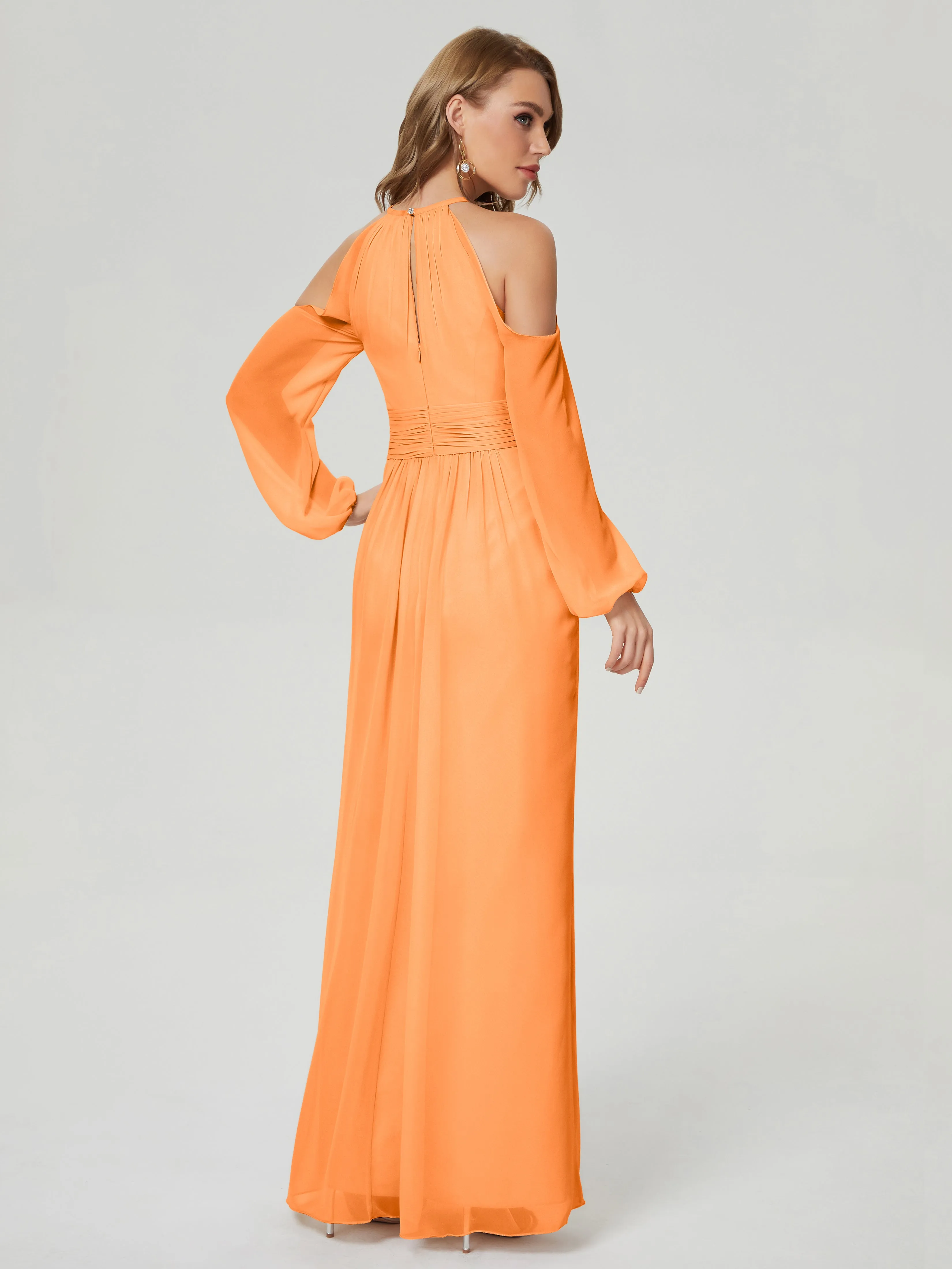Phoebe Halter Long Sleeves Chiffon Bridesmaid Dresses