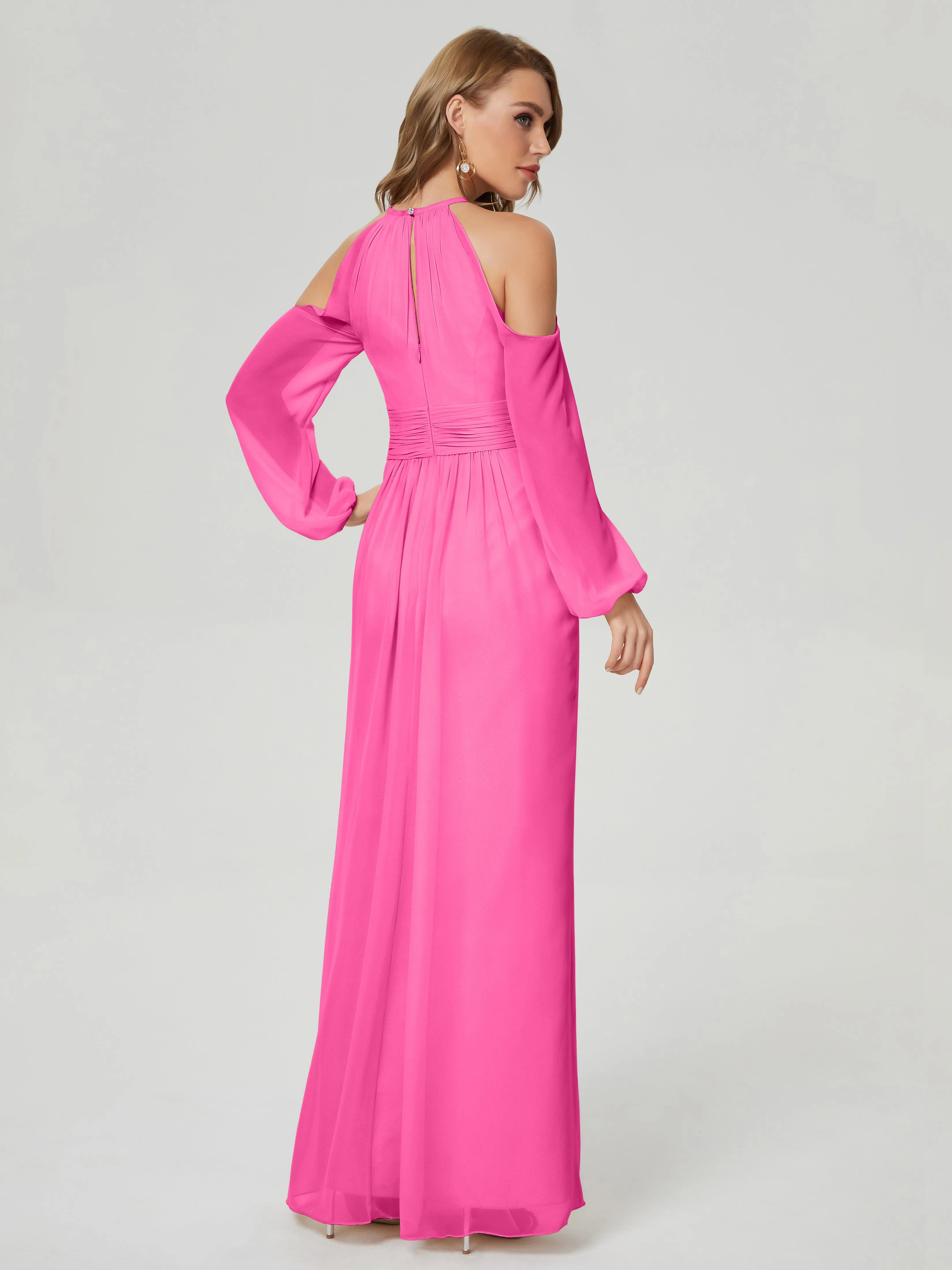 Phoebe Halter Long Sleeves Chiffon Bridesmaid Dresses
