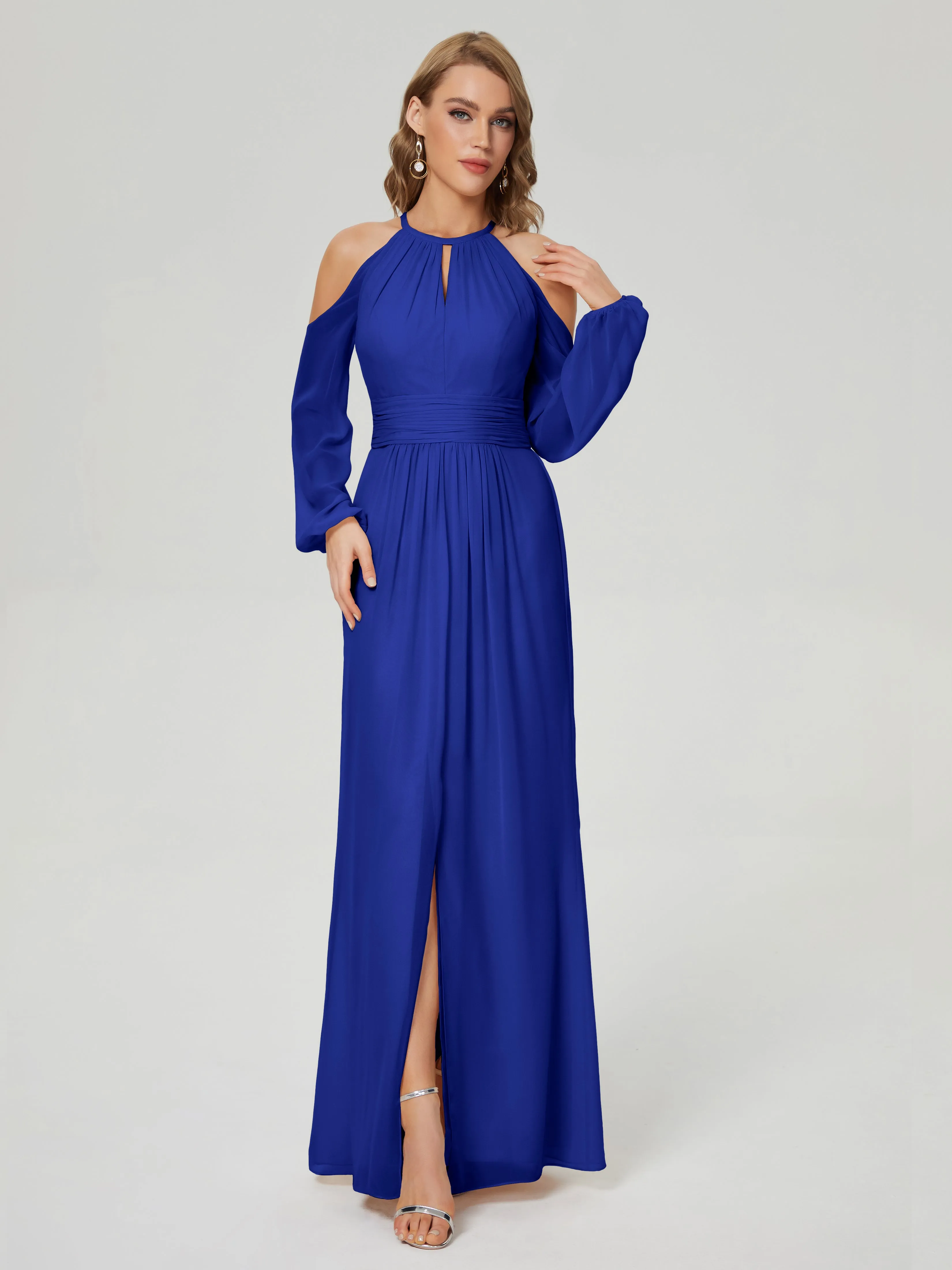 Phoebe Halter Long Sleeves Chiffon Bridesmaid Dresses