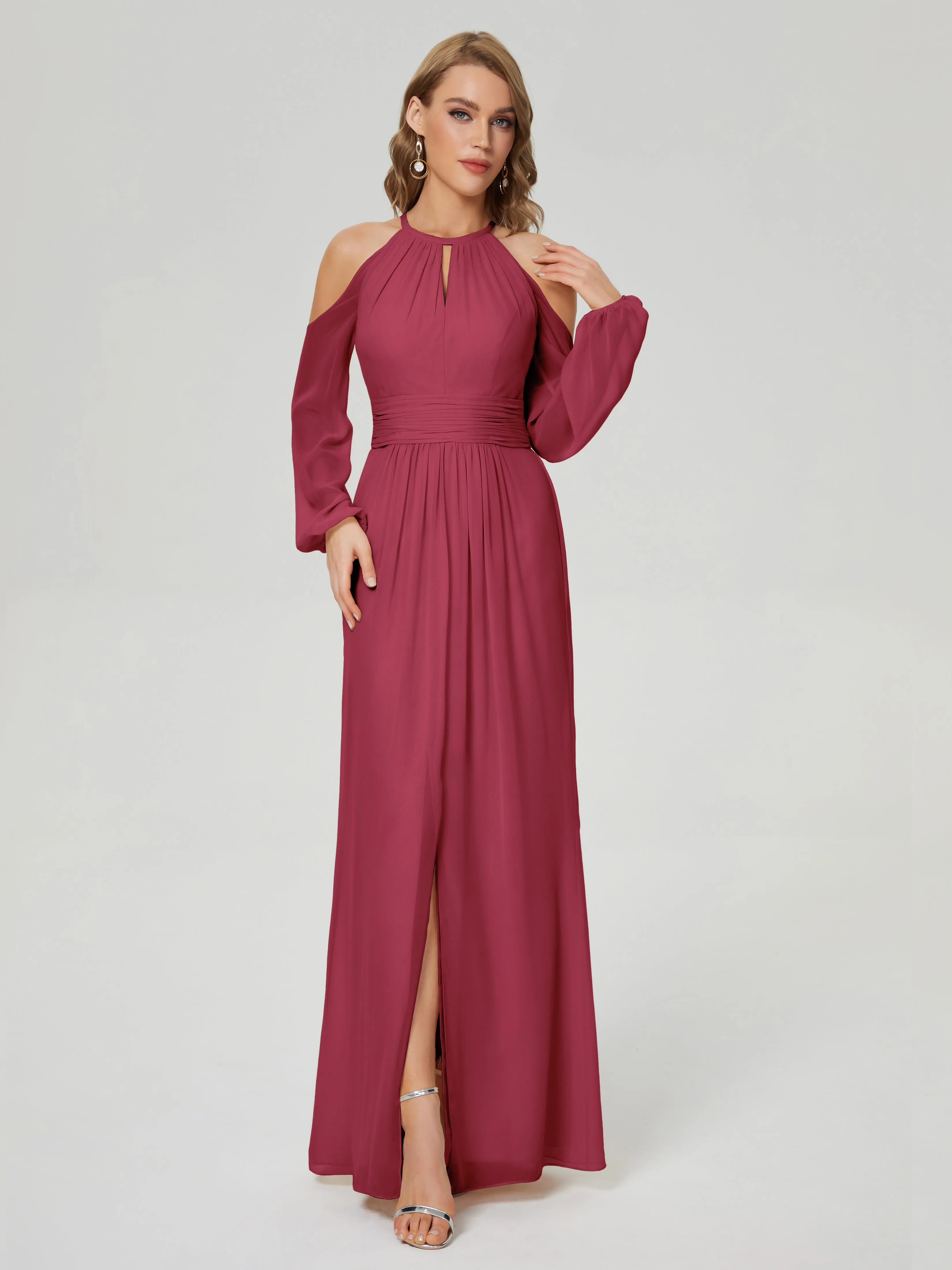 Phoebe Halter Long Sleeves Chiffon Bridesmaid Dresses