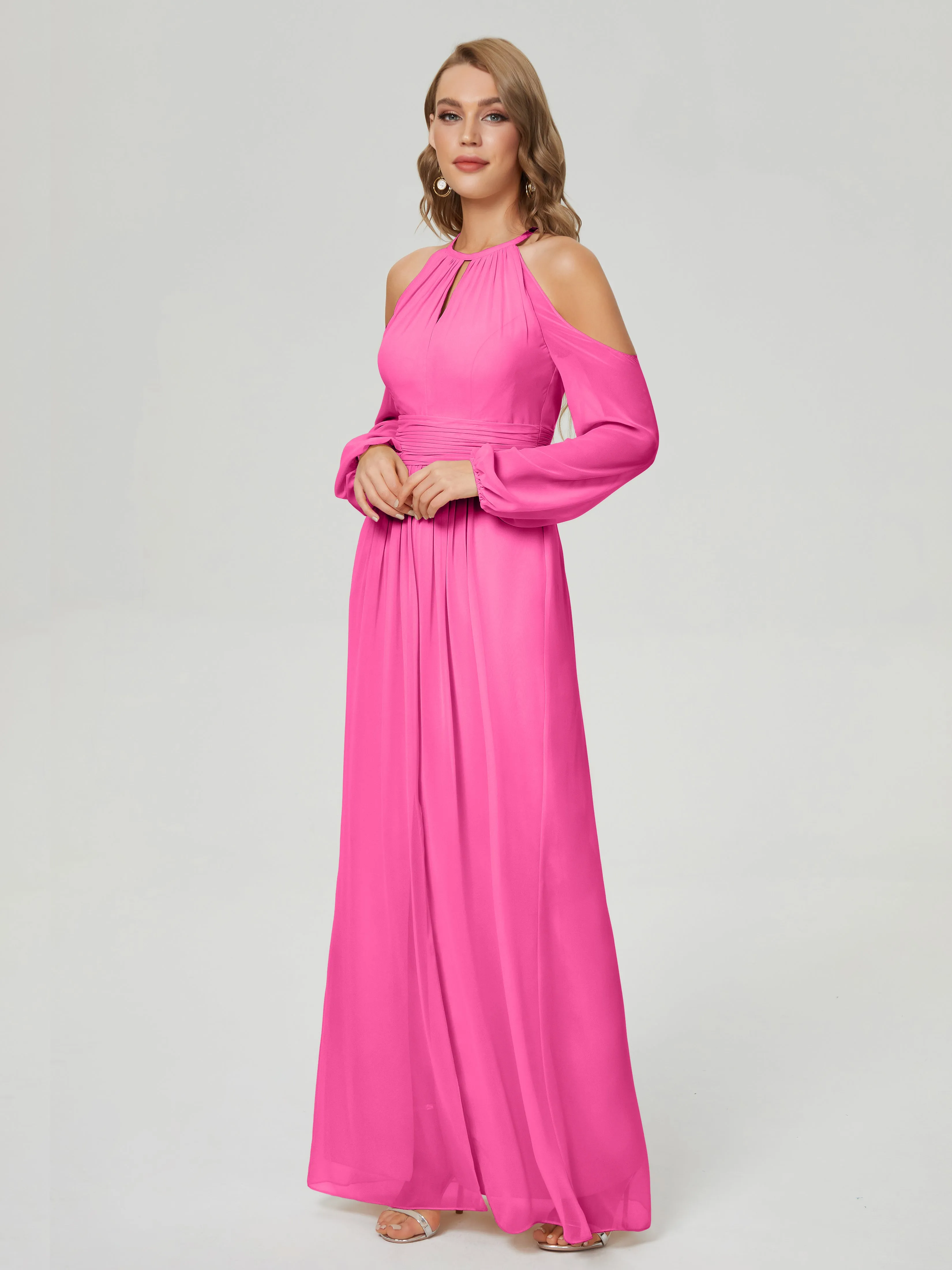 Phoebe Halter Long Sleeves Chiffon Bridesmaid Dresses
