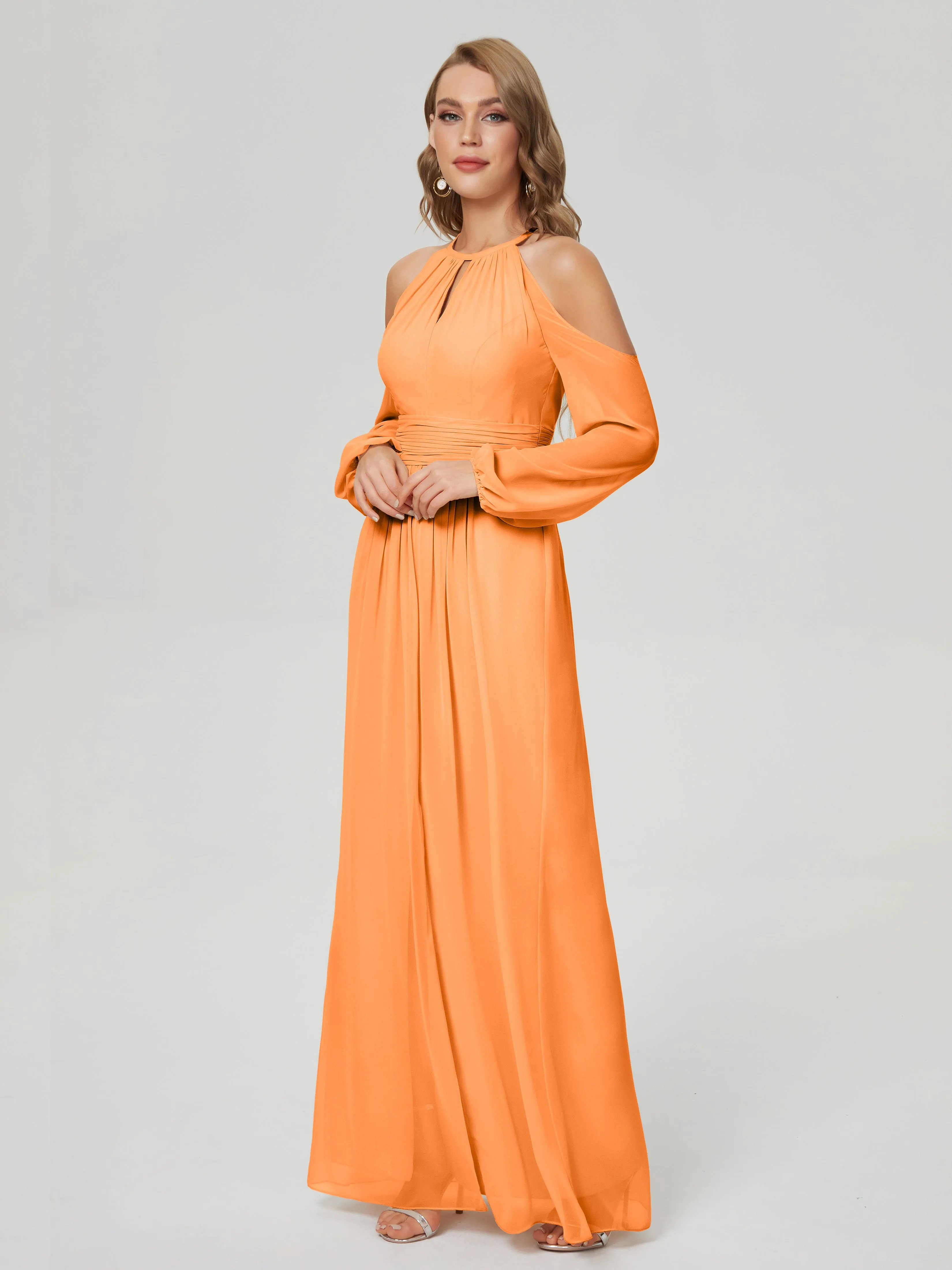 Phoebe Halter Long Sleeves Chiffon Bridesmaid Dresses