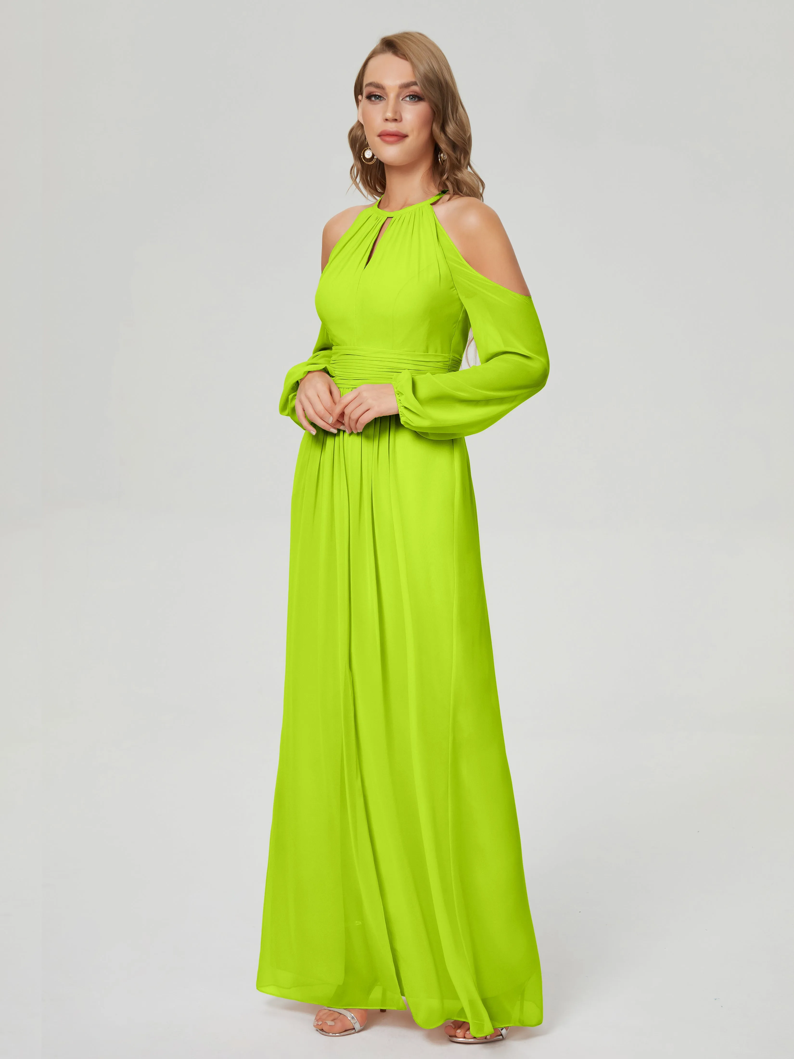 Phoebe Halter Long Sleeves Chiffon Bridesmaid Dresses