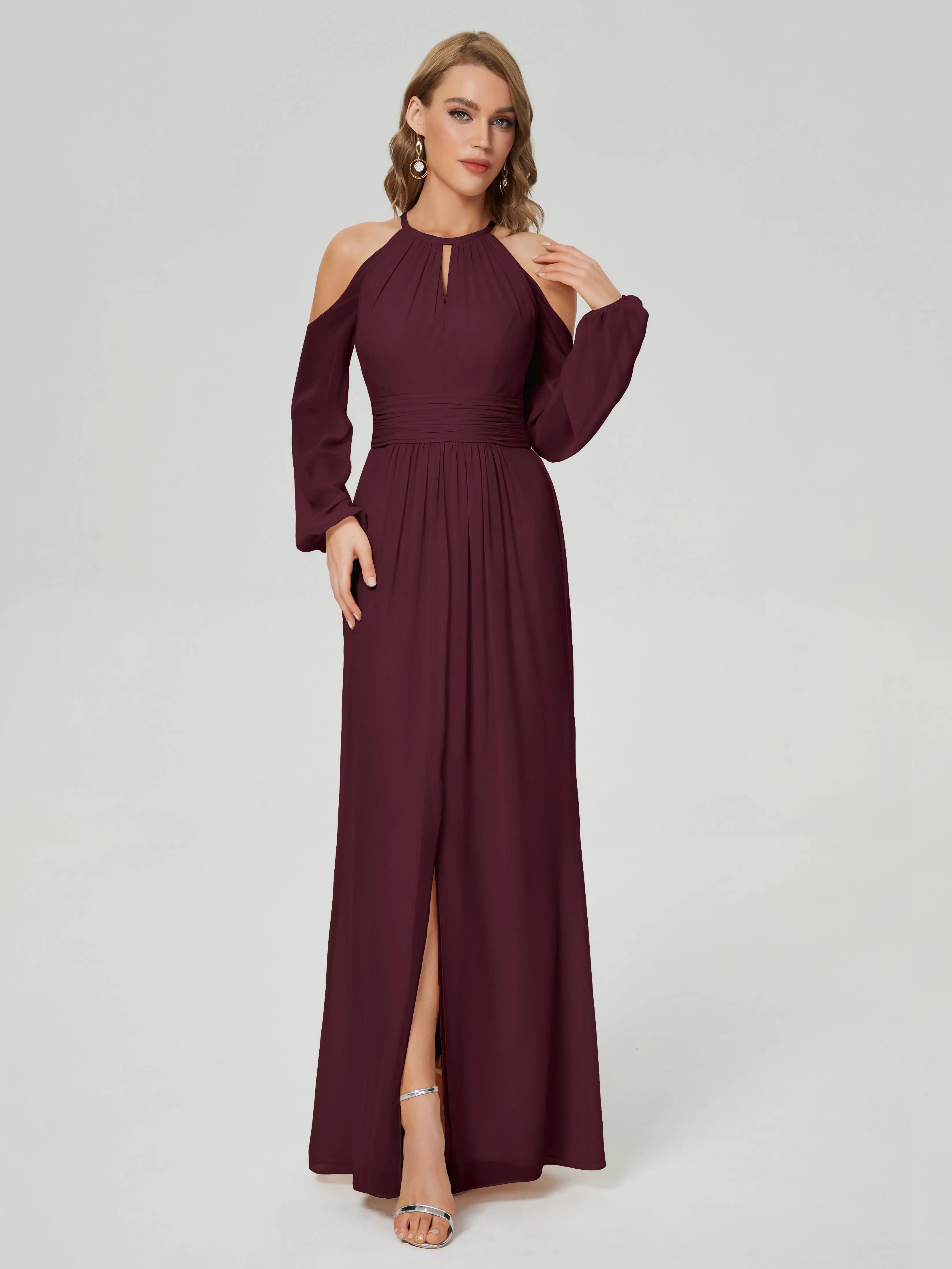 Phoebe Halter Long Sleeves Chiffon Bridesmaid Dresses