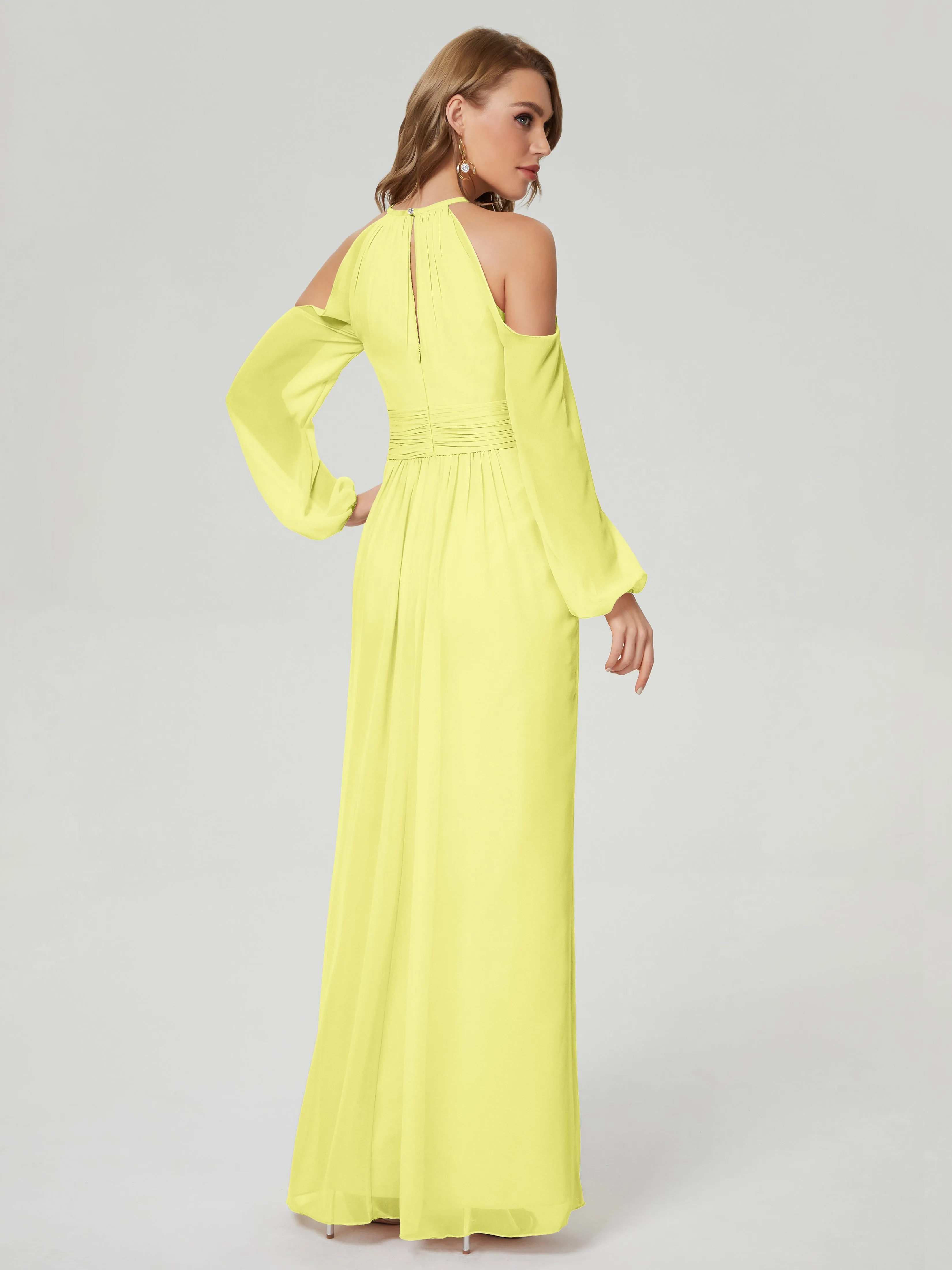 Phoebe Halter Long Sleeves Chiffon Bridesmaid Dresses