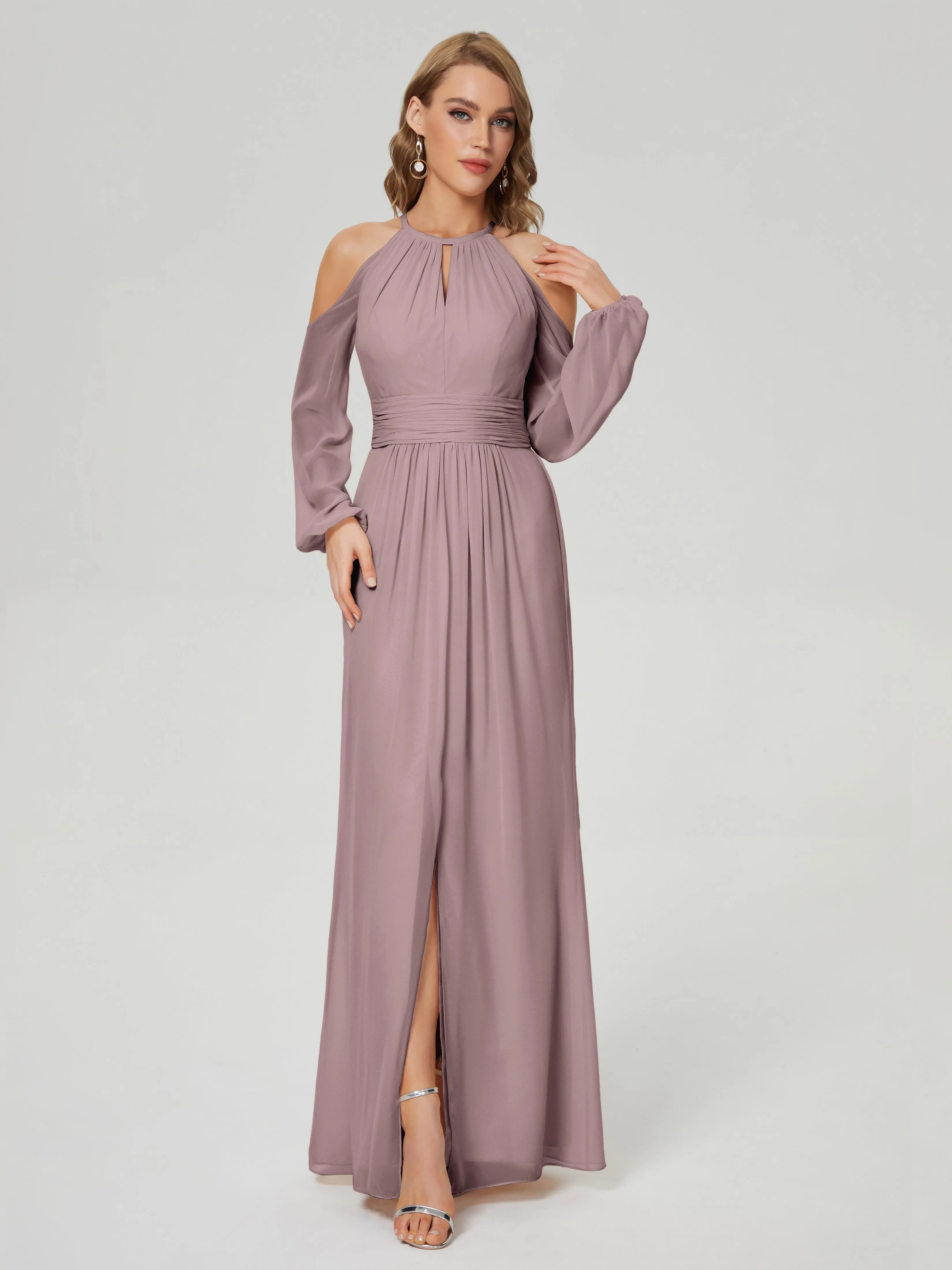 Phoebe Halter Long Sleeves Chiffon Bridesmaid Dresses