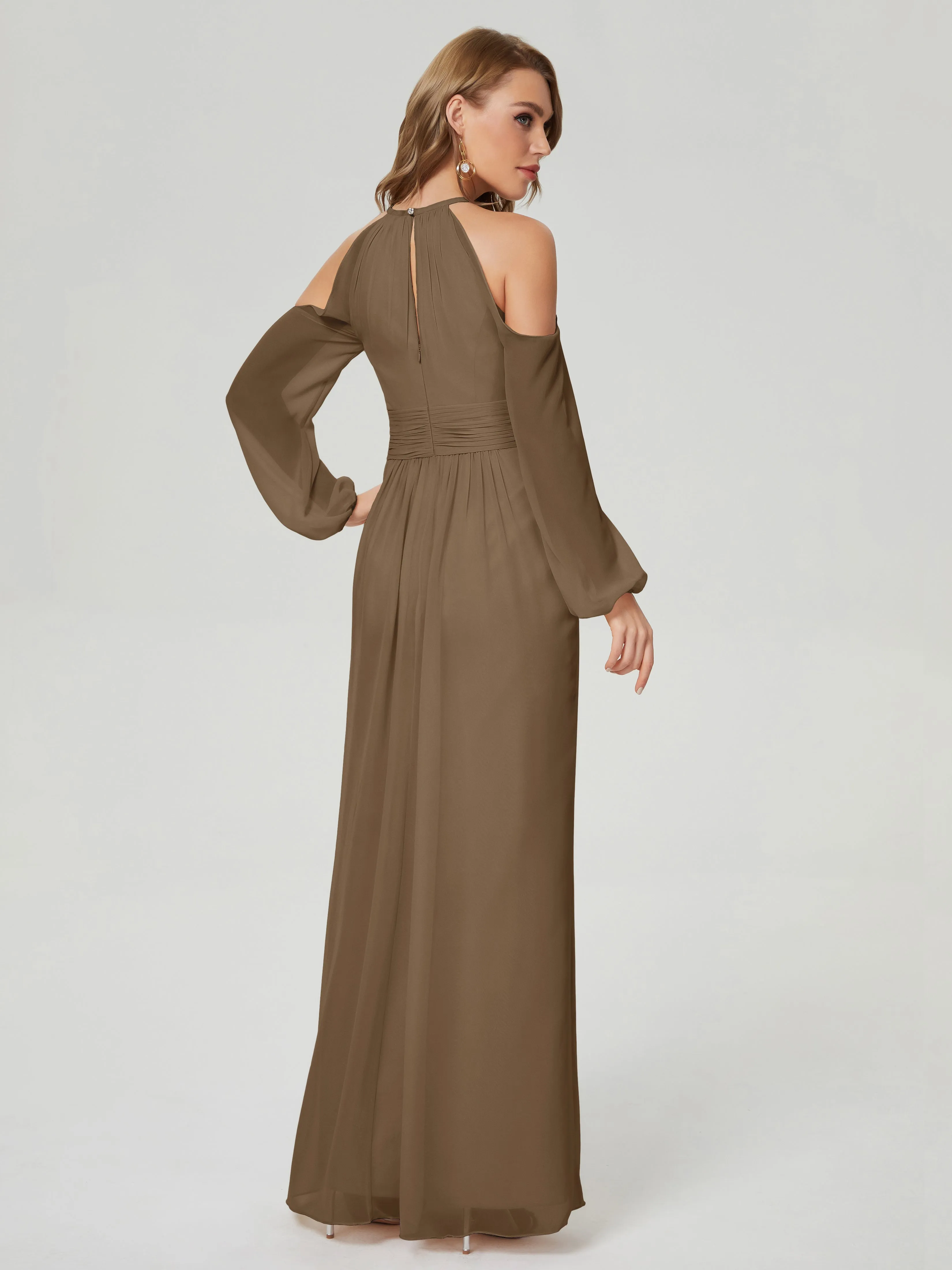 Phoebe Halter Long Sleeves Chiffon Bridesmaid Dresses
