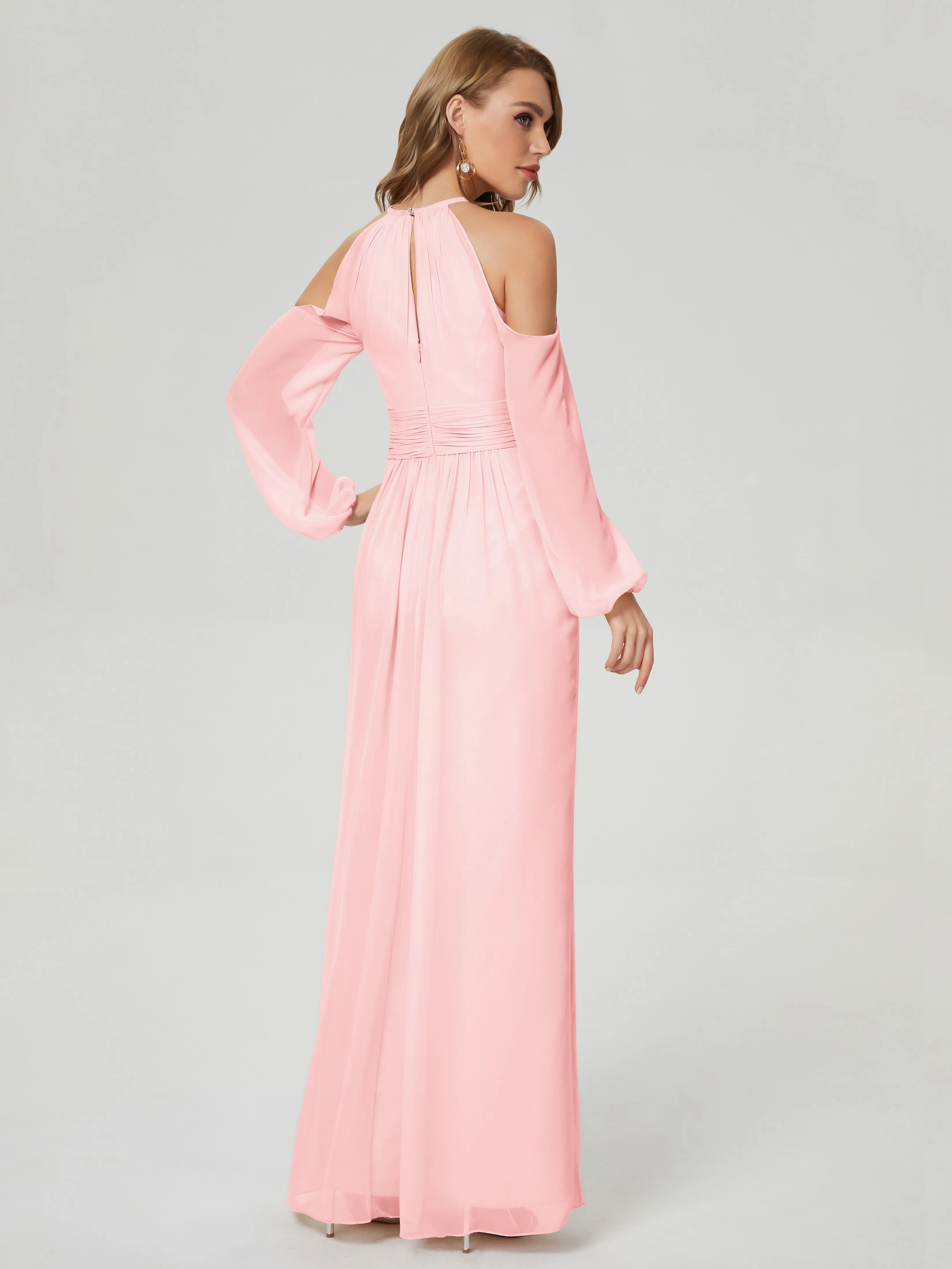 Phoebe Halter Long Sleeves Chiffon Bridesmaid Dresses