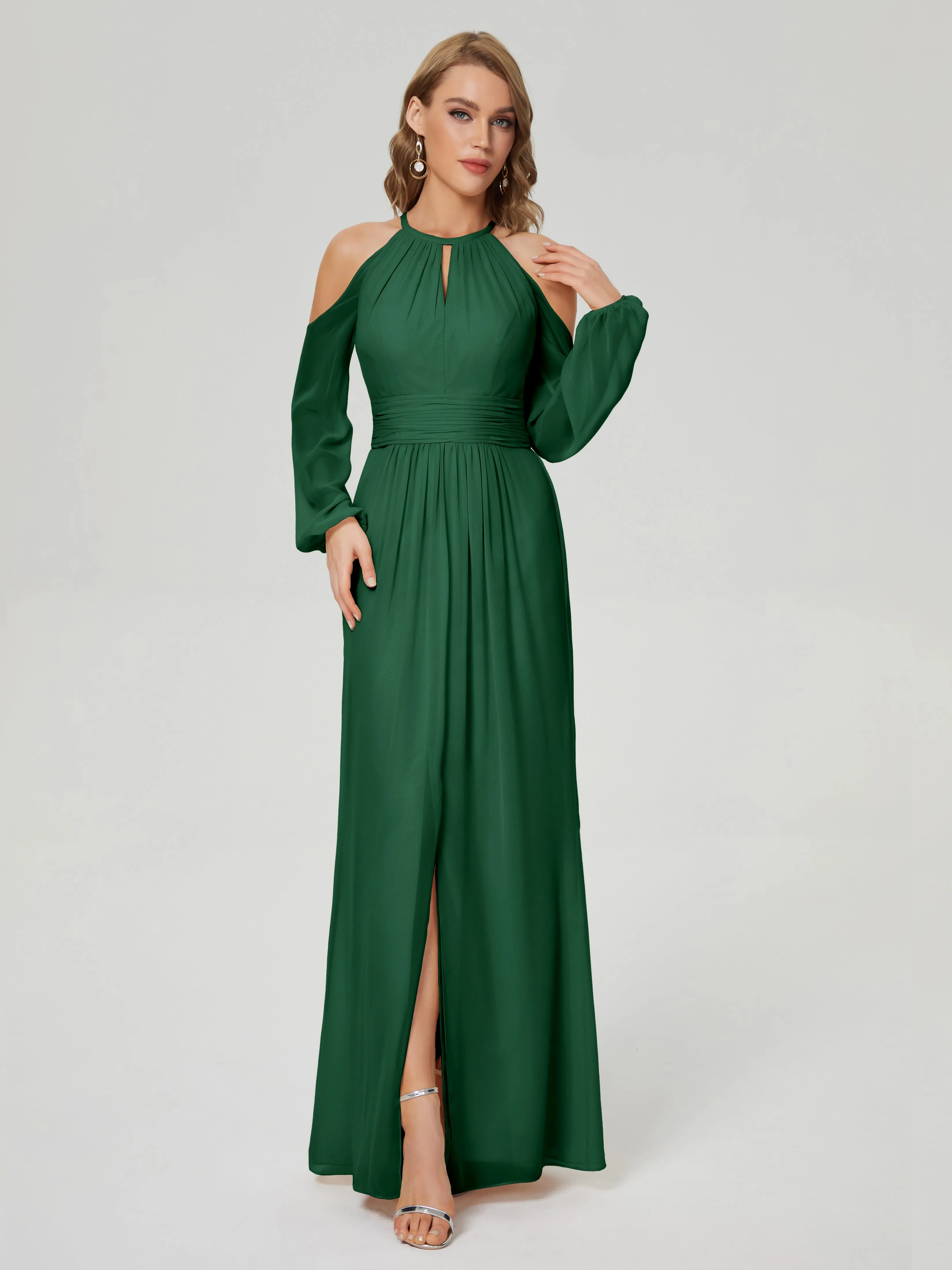 Phoebe Halter Long Sleeves Chiffon Bridesmaid Dresses