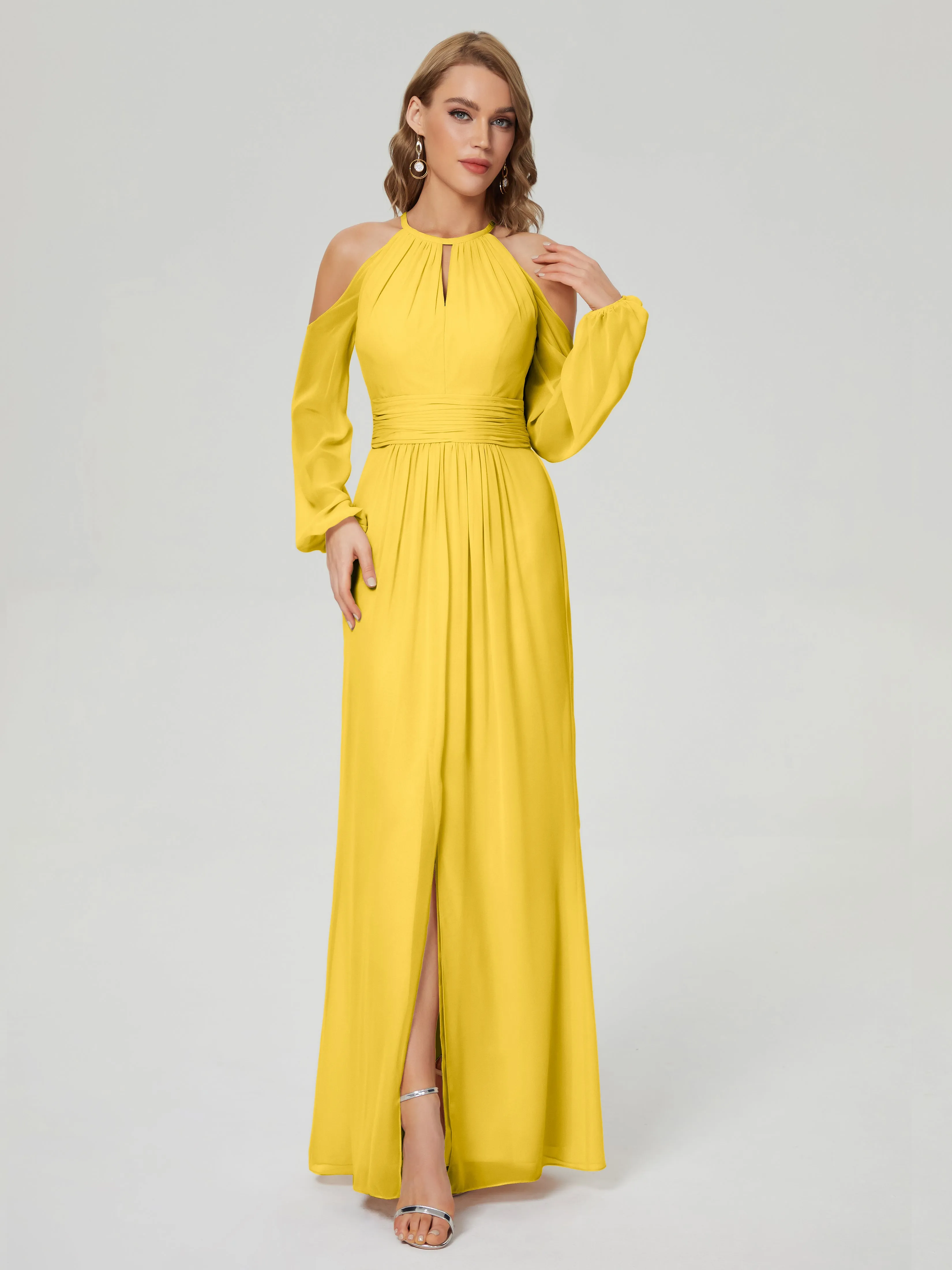 Phoebe Halter Long Sleeves Chiffon Bridesmaid Dresses