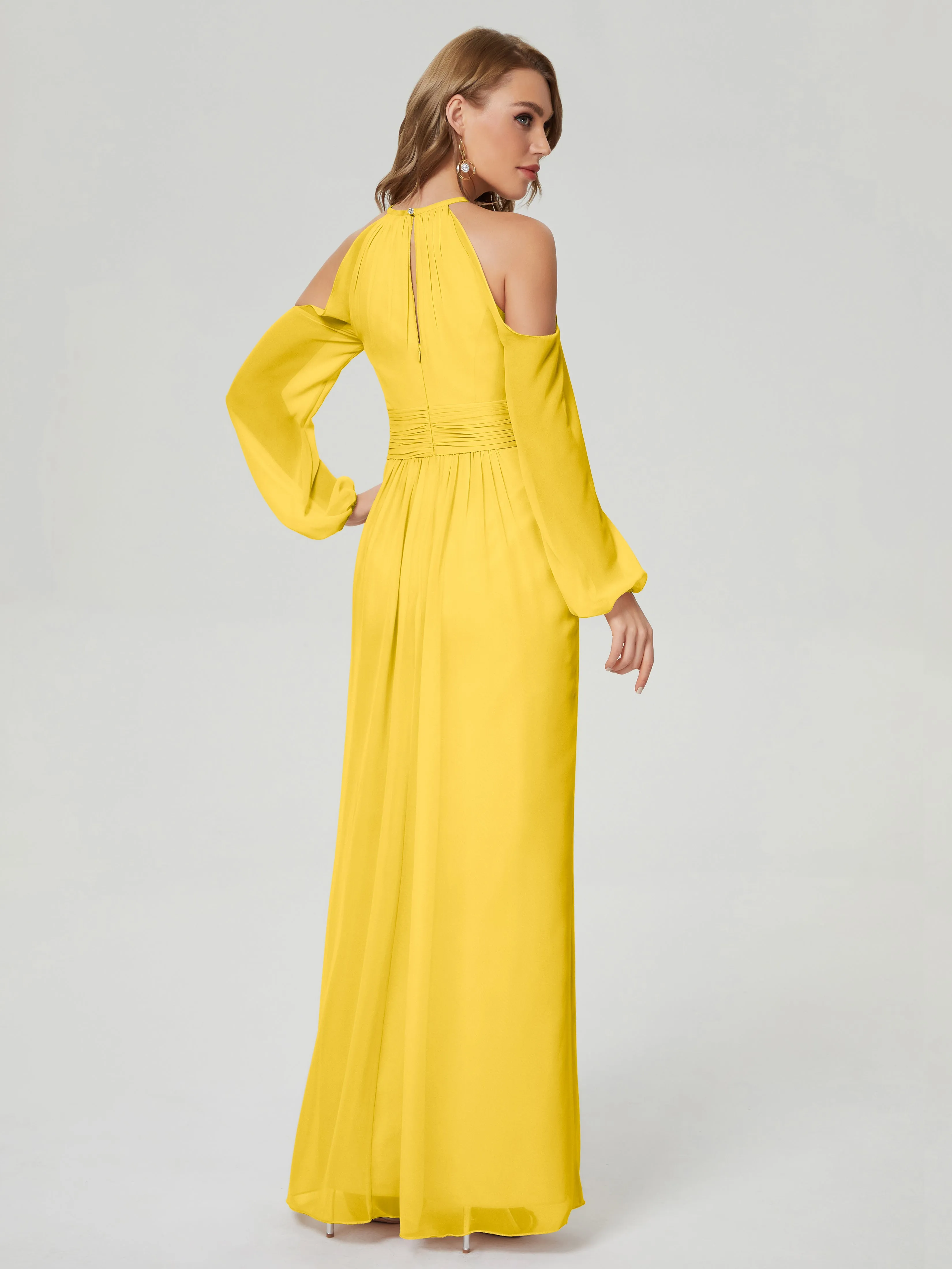 Phoebe Halter Long Sleeves Chiffon Bridesmaid Dresses