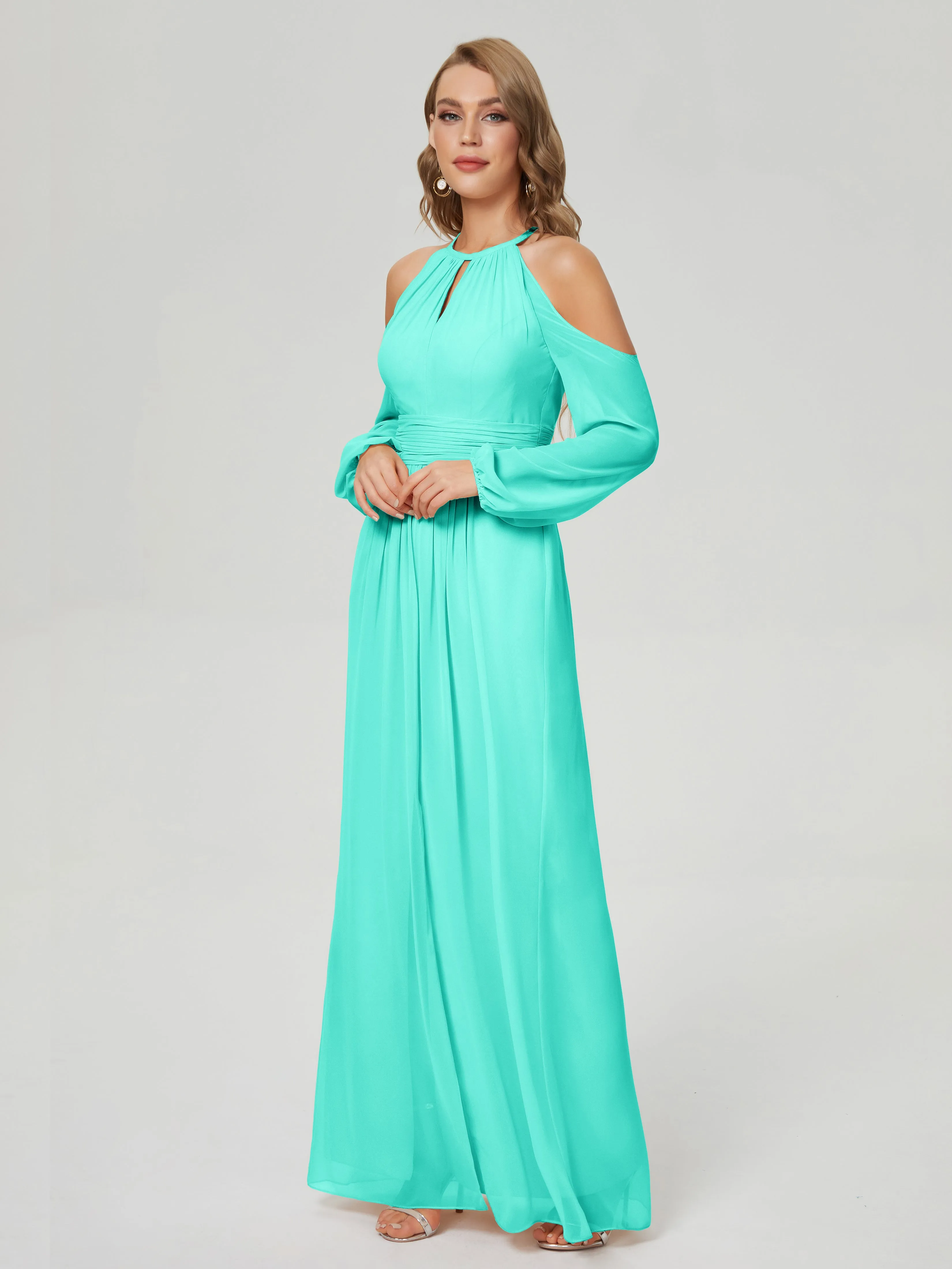 Phoebe Halter Long Sleeves Chiffon Bridesmaid Dresses