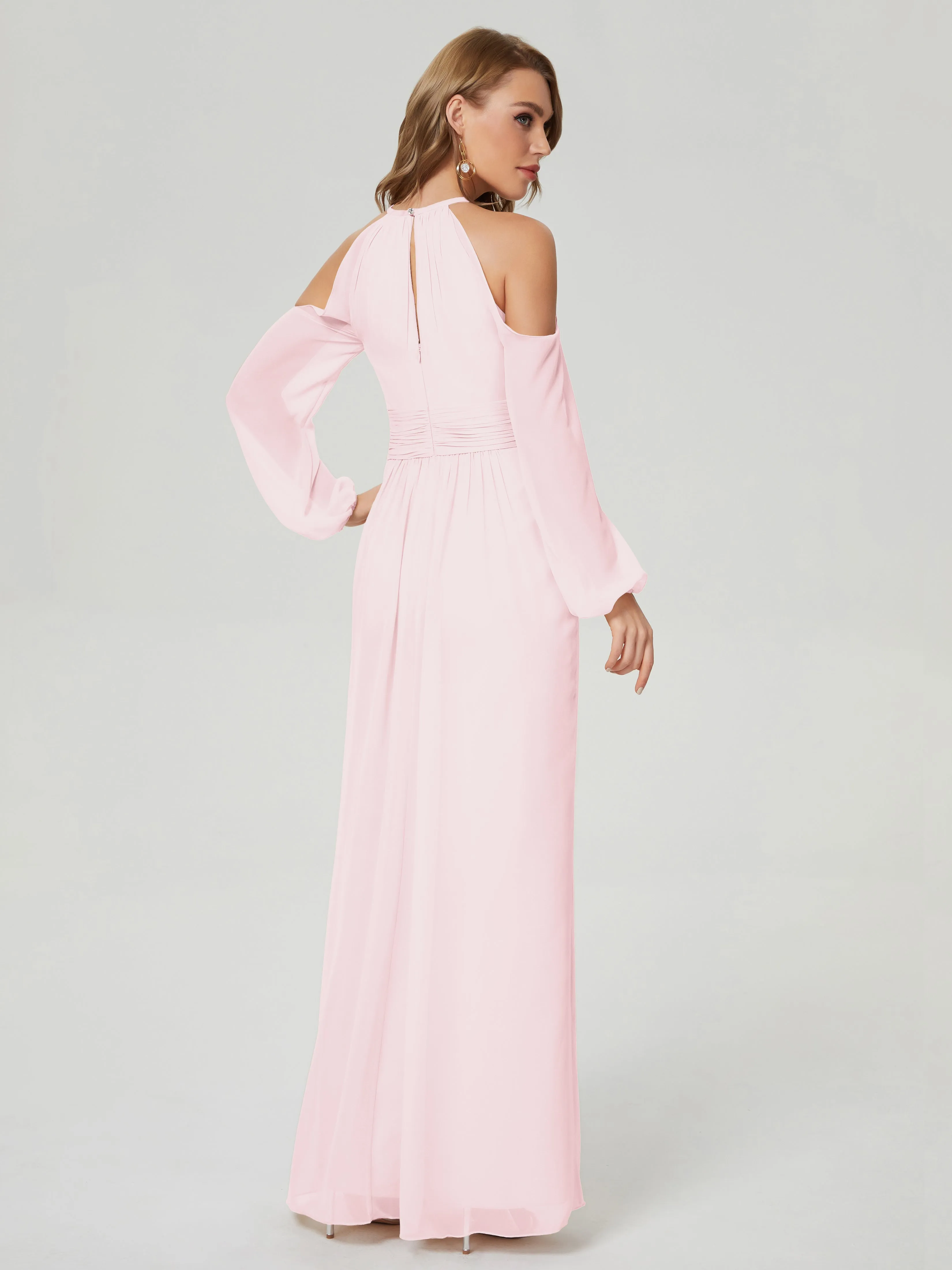 Phoebe Halter Long Sleeves Chiffon Bridesmaid Dresses