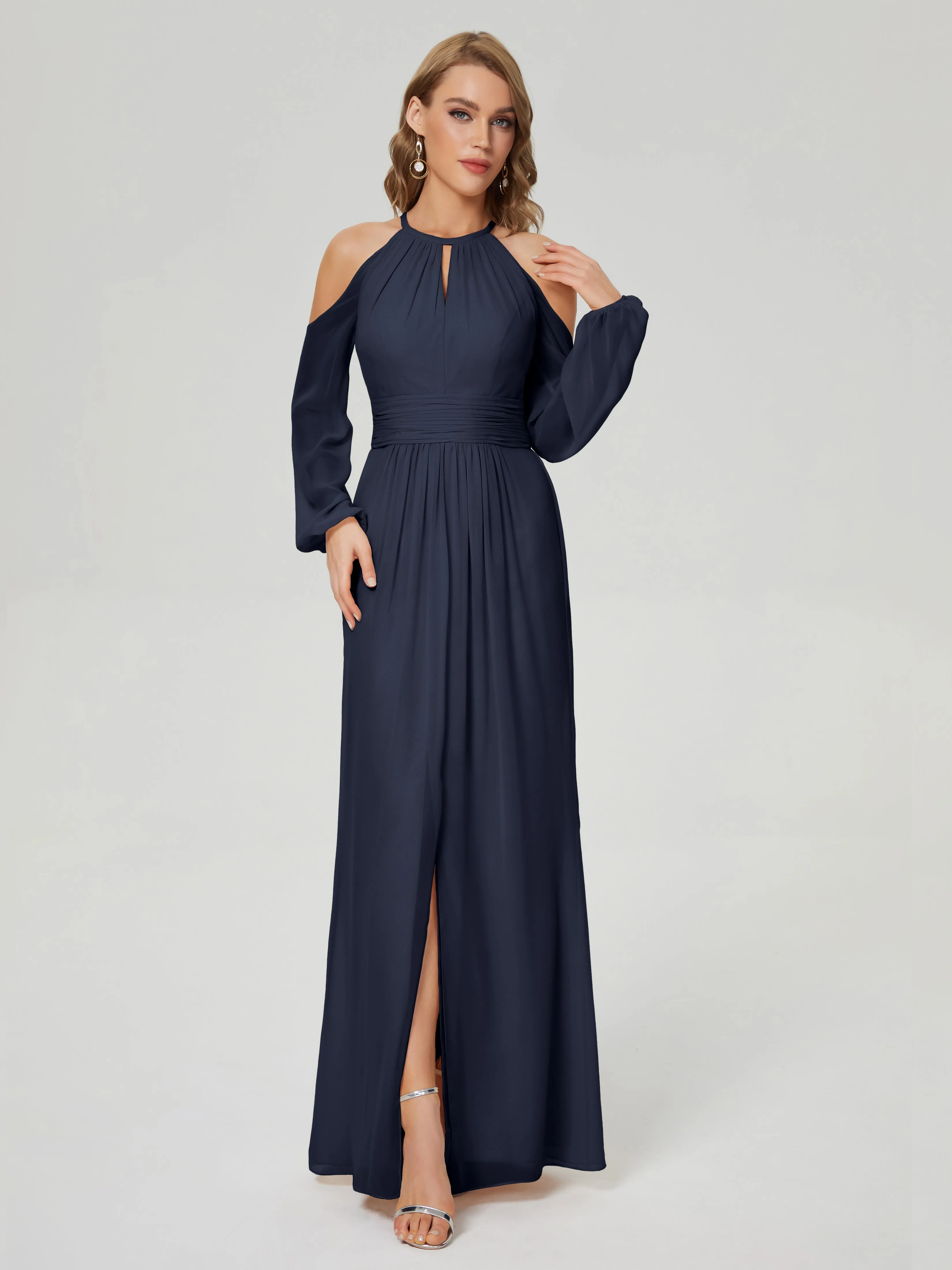 Phoebe Halter Long Sleeves Chiffon Bridesmaid Dresses