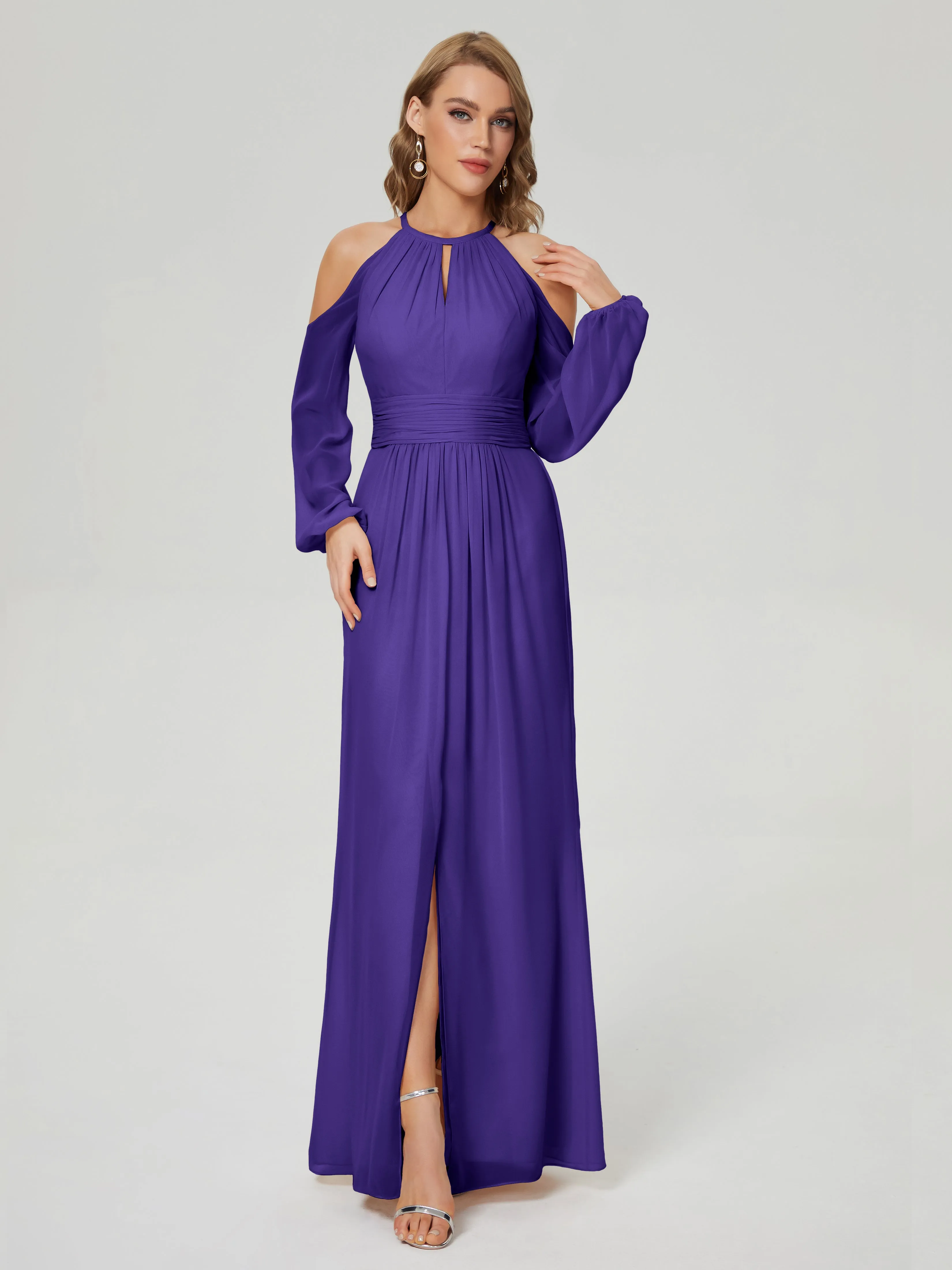 Phoebe Halter Long Sleeves Chiffon Bridesmaid Dresses