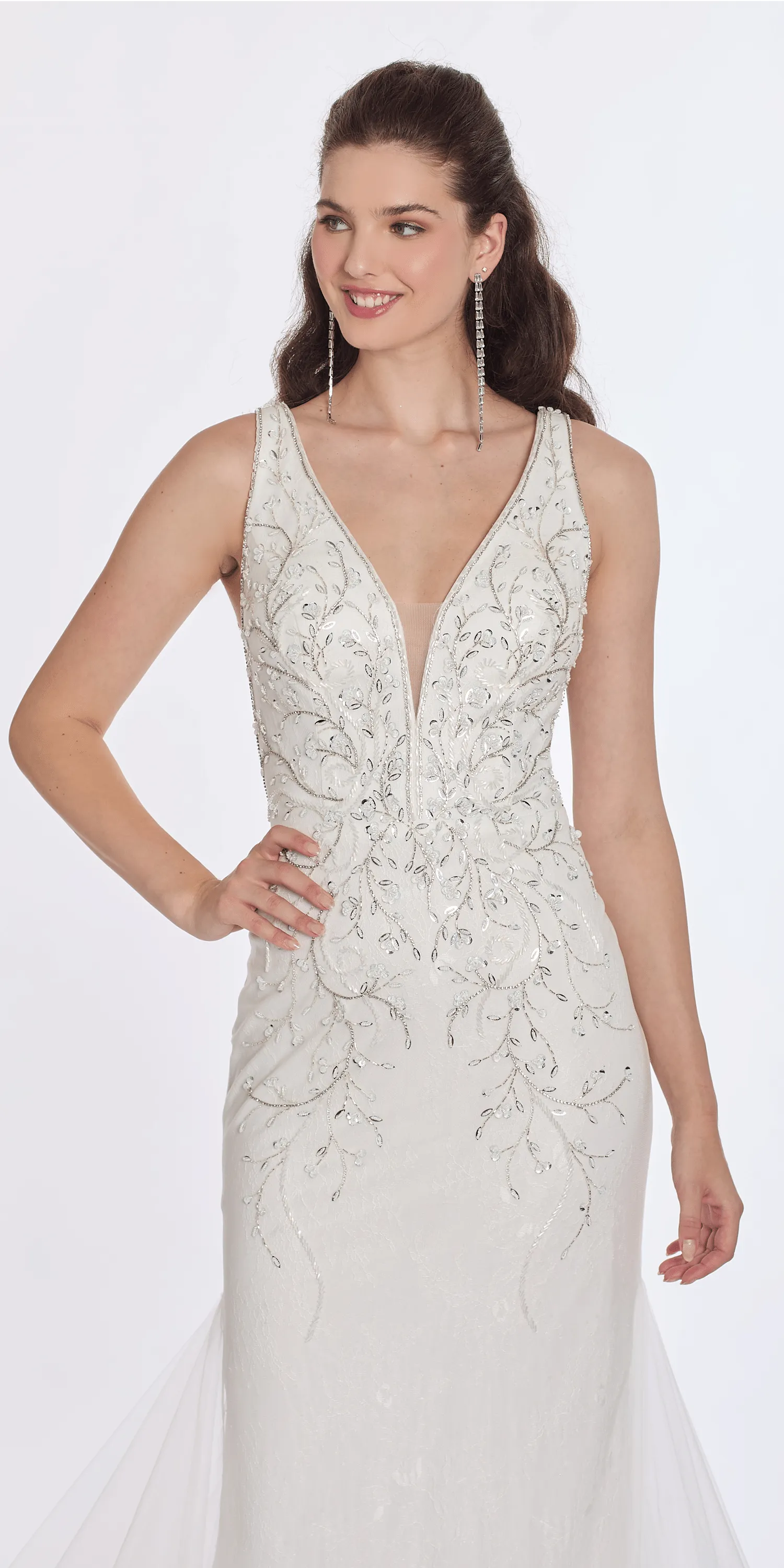 Plunging Beaded Lace V Back Mermaid Dress