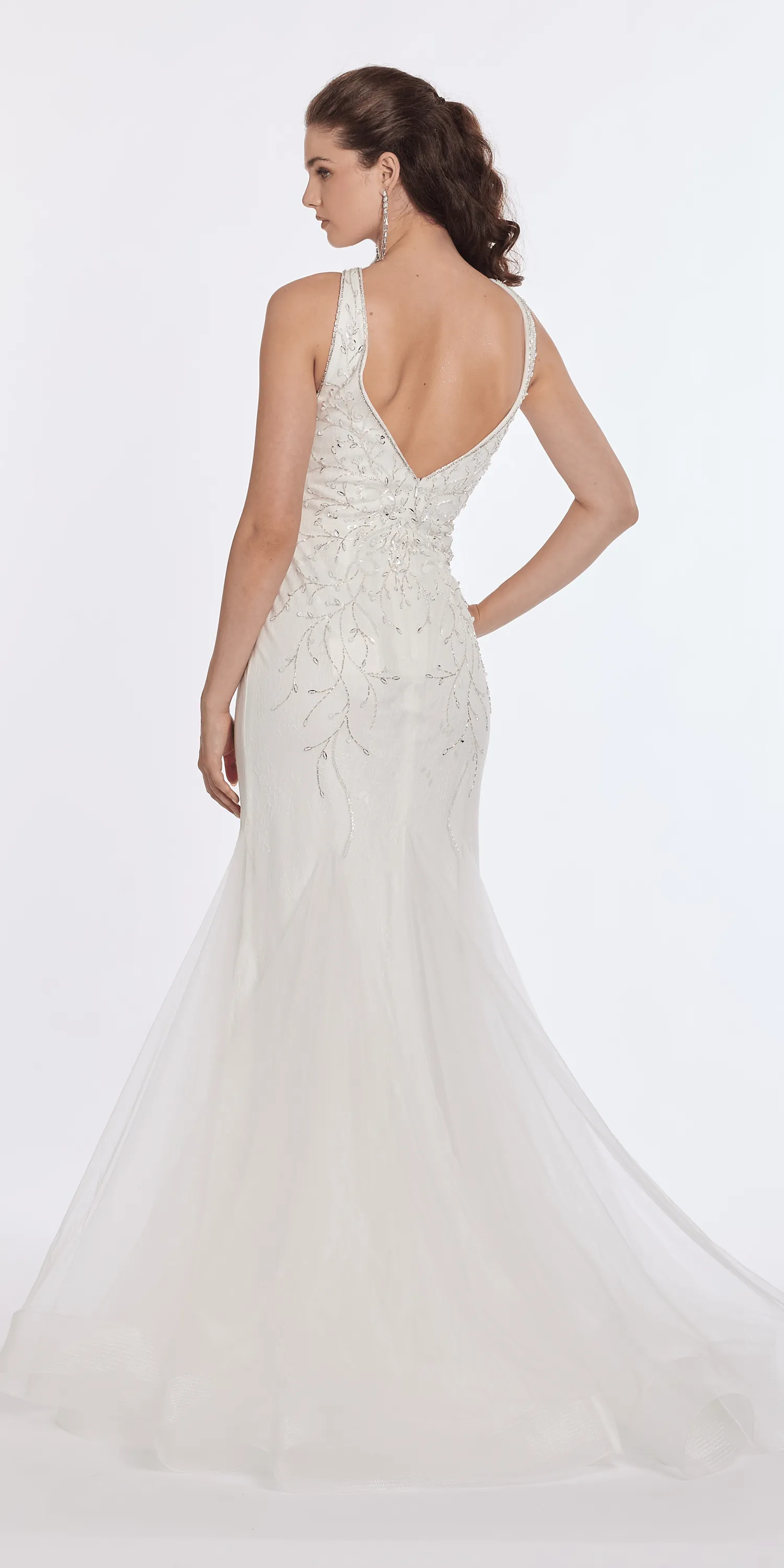 Plunging Beaded Lace V Back Mermaid Dress