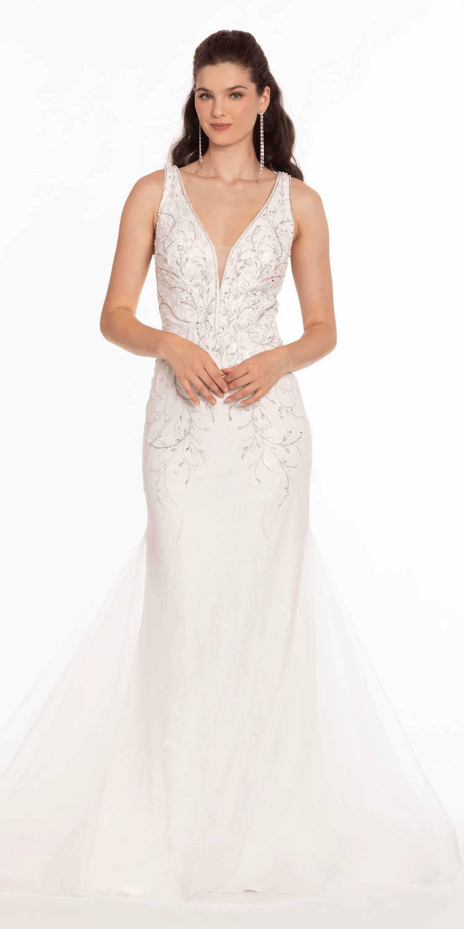 Plunging Beaded Lace V Back Mermaid Dress