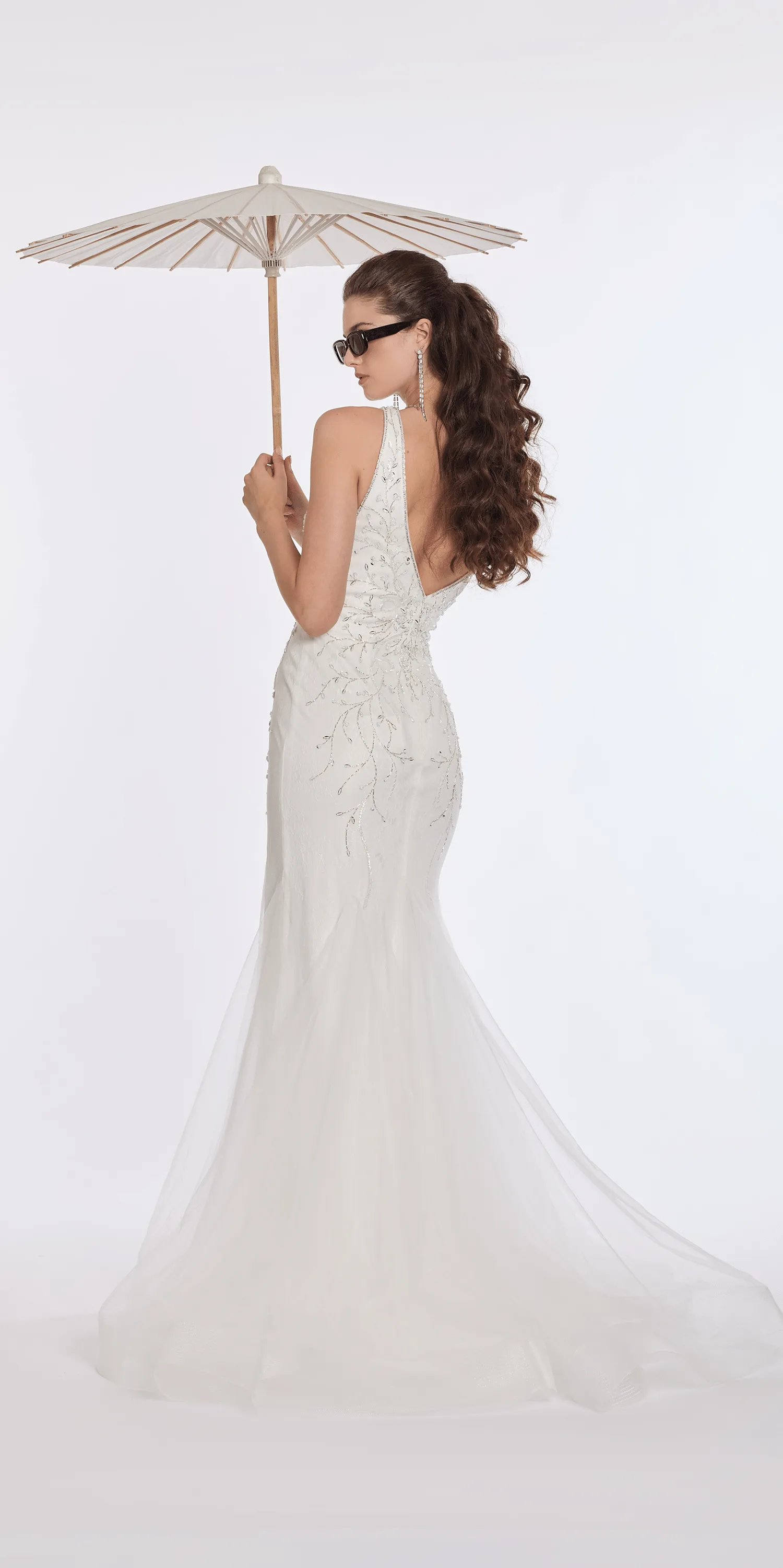 Plunging Beaded Lace V Back Mermaid Dress