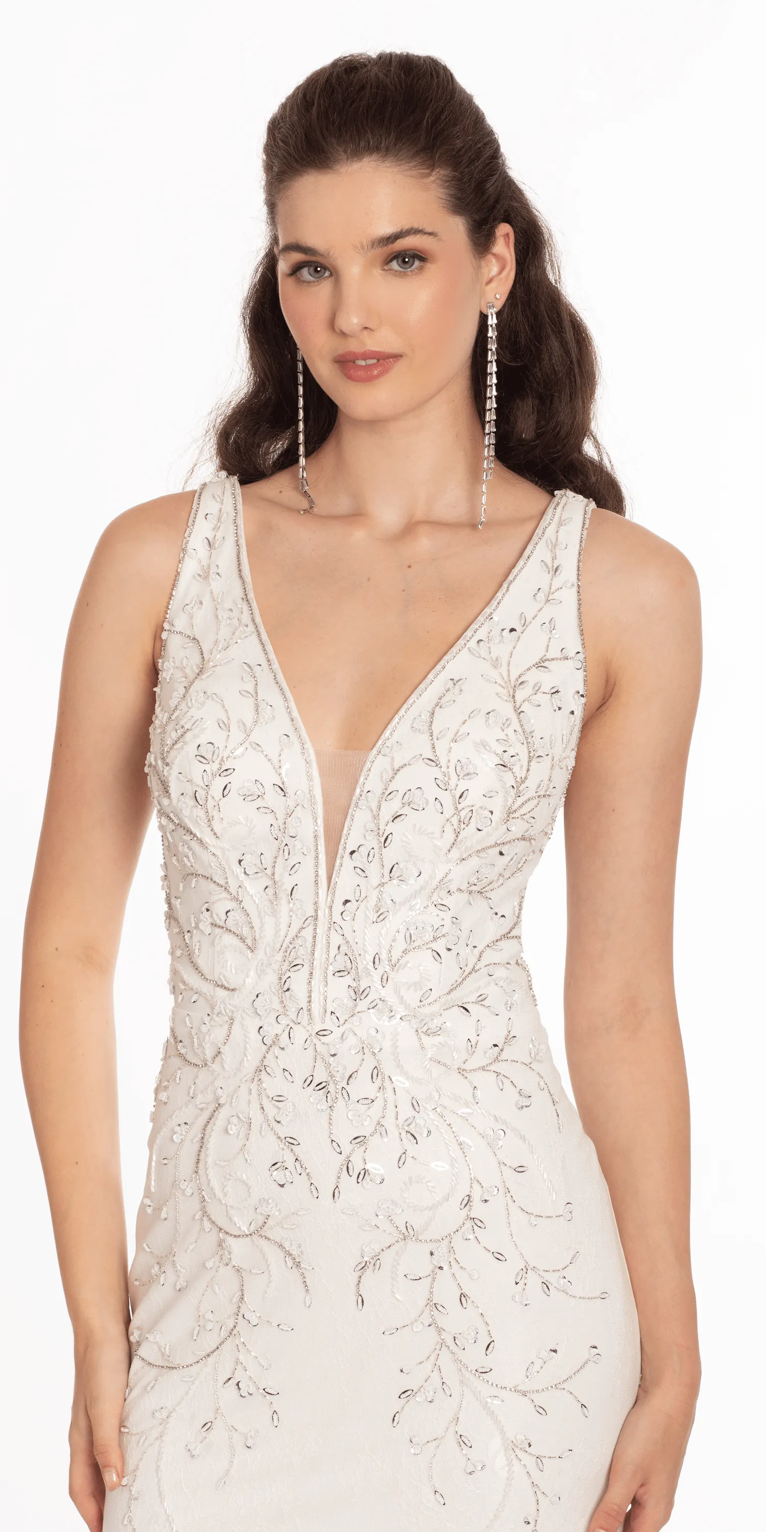 Plunging Beaded Lace V Back Mermaid Dress