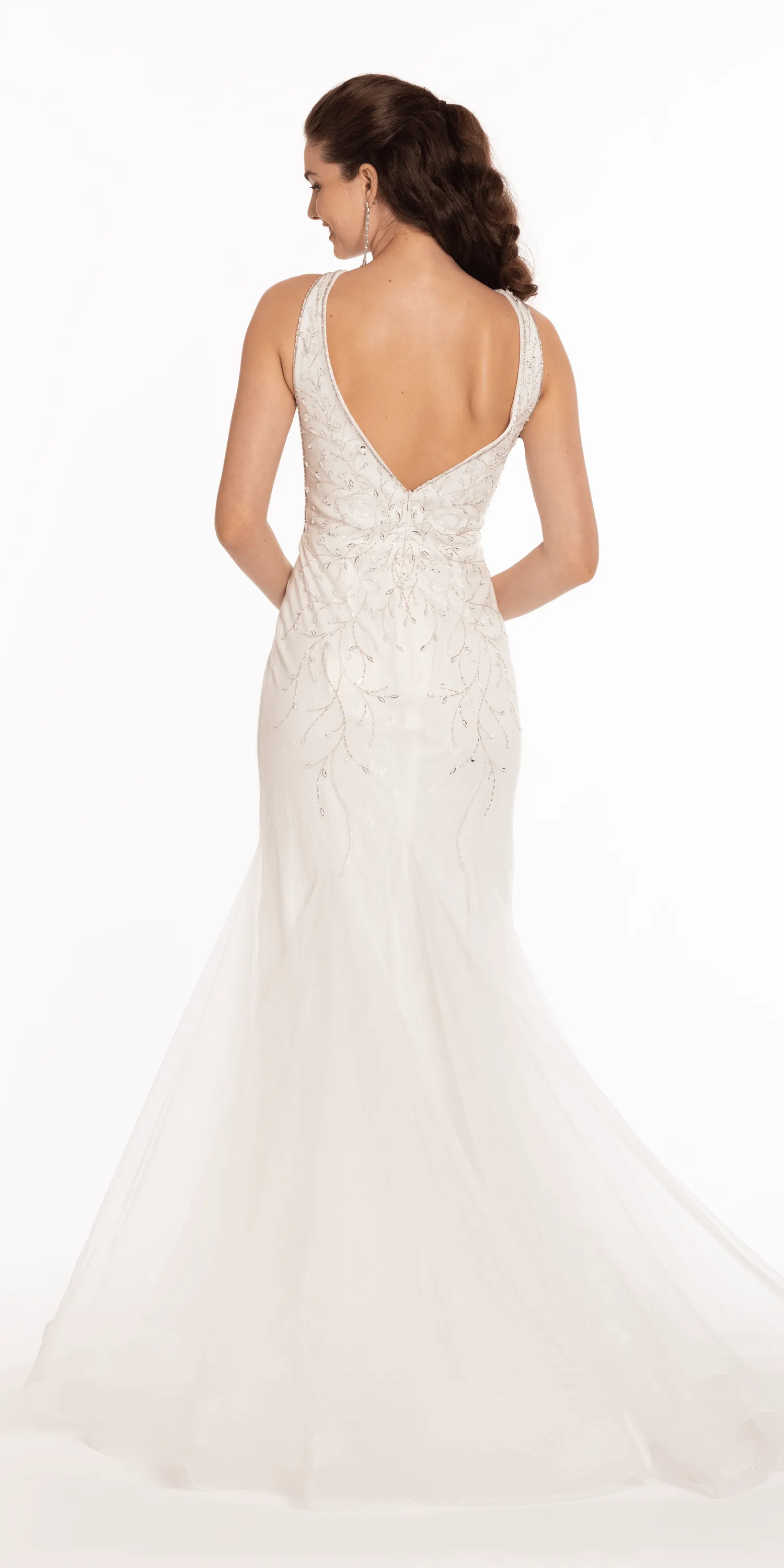 Plunging Beaded Lace V Back Mermaid Dress