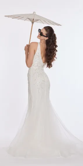 Plunging Beaded Lace V Back Mermaid Dress