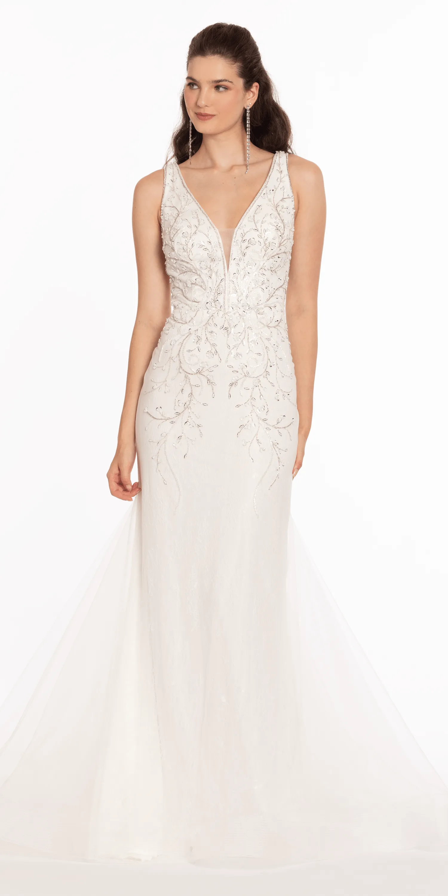 Plunging Beaded Lace V Back Mermaid Dress