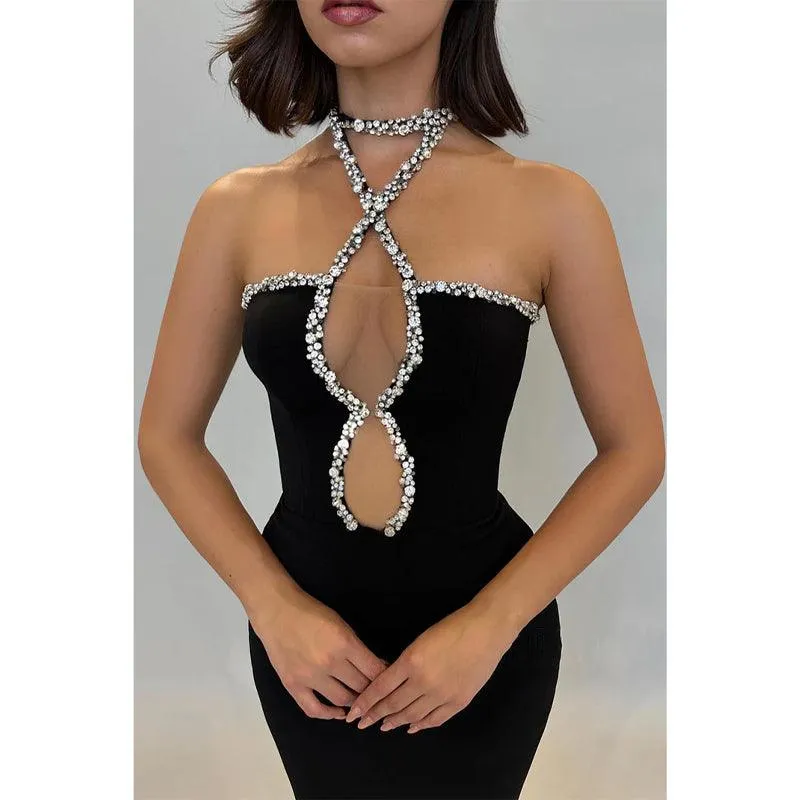 Plunging Unique Halter Beaded Black Long Prom Dress Evening Gowns