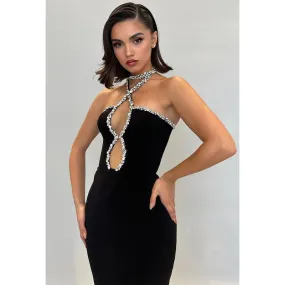 Plunging Unique Halter Beaded Black Long Prom Dress Evening Gowns