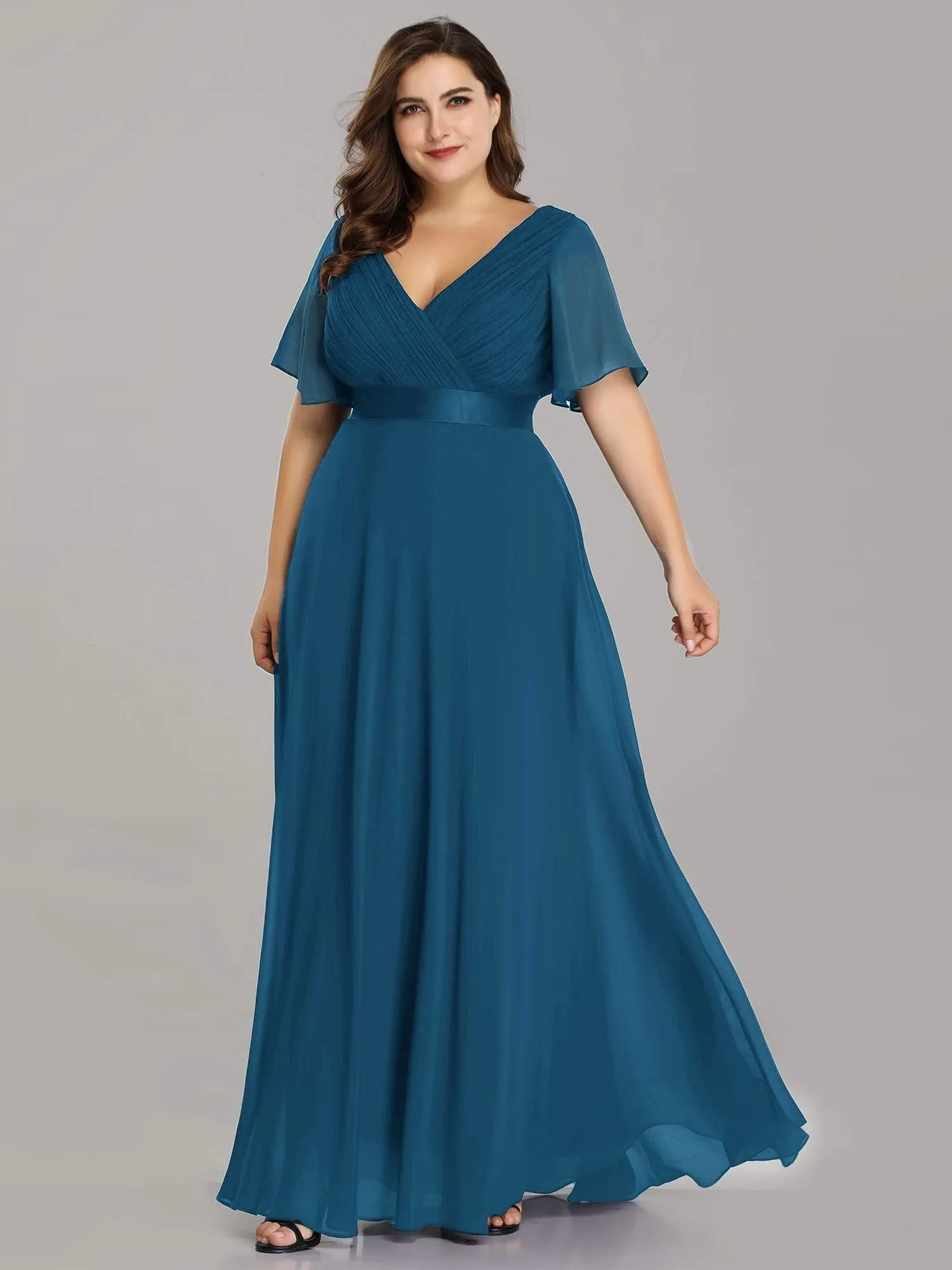 Plus Size Empire Waist Evening Dress with Short Sleeves