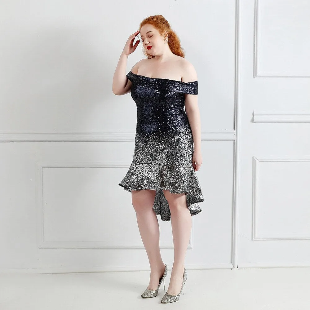 Plus Size Mermaid Dress Women Slash Neck Sequined Evening Party Dress Slim Bodycon Gradient Elegant Glitter Dresses