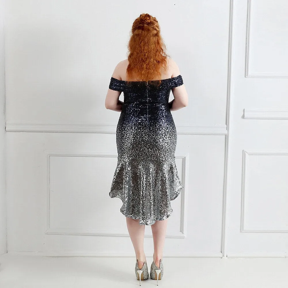 Plus Size Mermaid Dress Women Slash Neck Sequined Evening Party Dress Slim Bodycon Gradient Elegant Glitter Dresses
