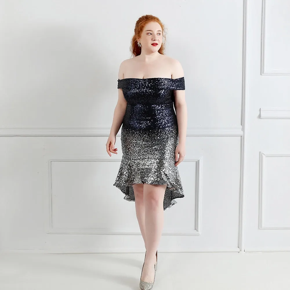 Plus Size Mermaid Dress Women Slash Neck Sequined Evening Party Dress Slim Bodycon Gradient Elegant Glitter Dresses