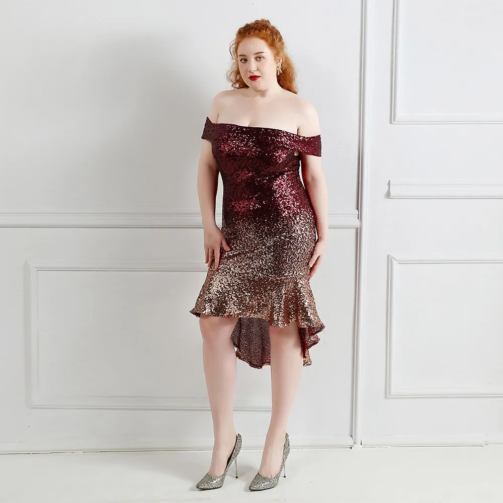 Plus Size Mermaid Dress Women Slash Neck Sequined Evening Party Dress Slim Bodycon Gradient Elegant Glitter Dresses