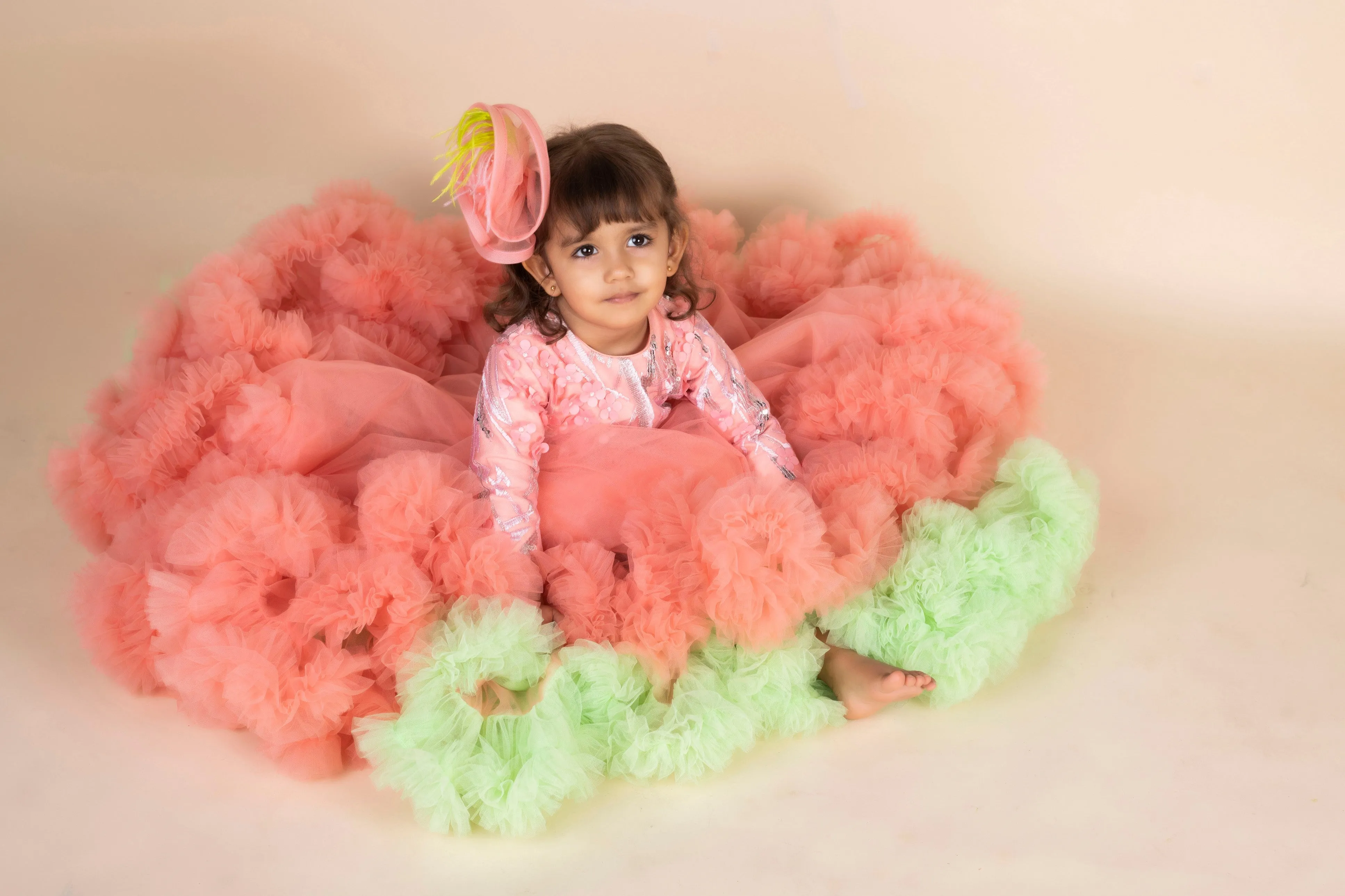 Pre-Order:  3D Flower Peach Green Ruffled gown