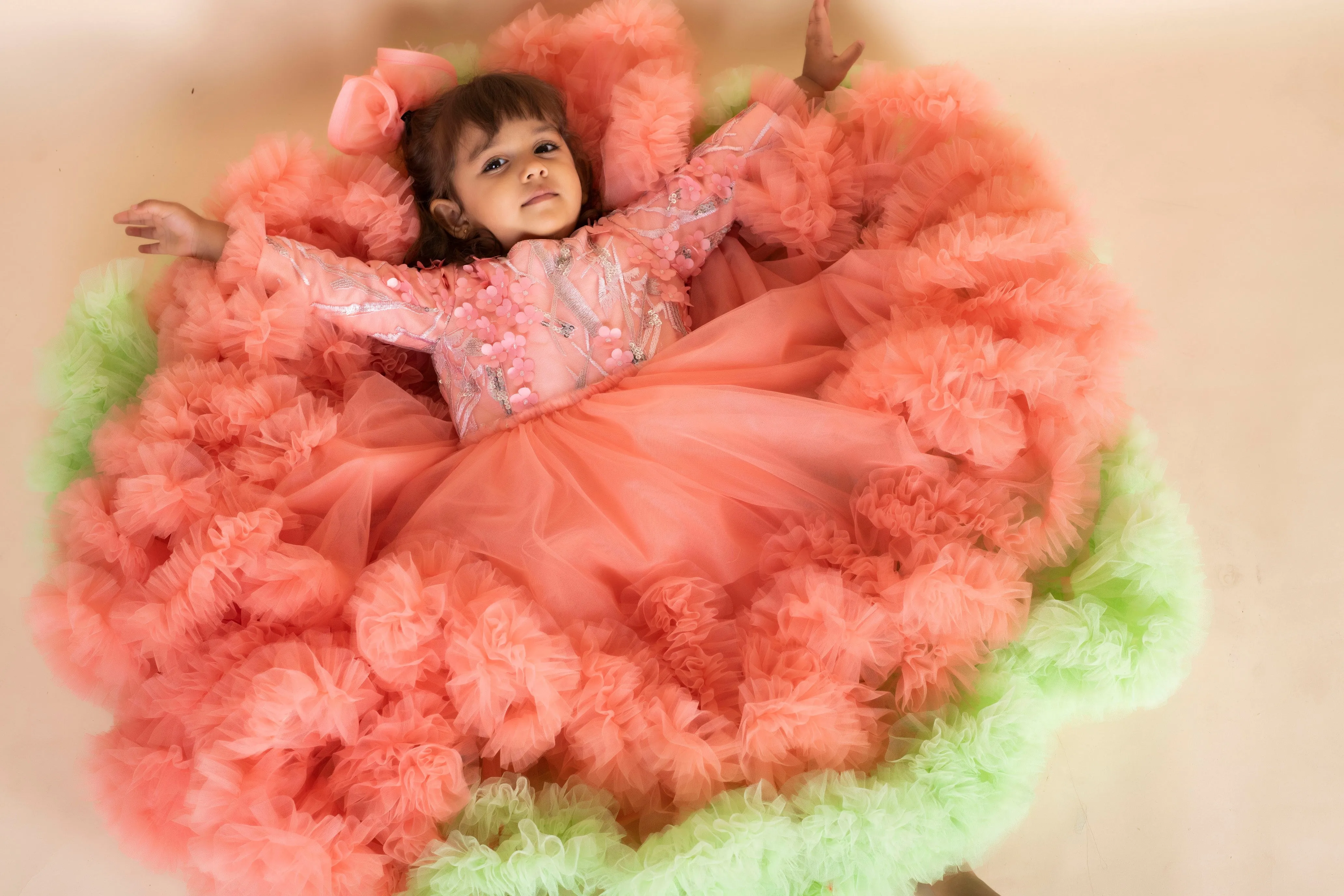 Pre-Order:  3D Flower Peach Green Ruffled gown