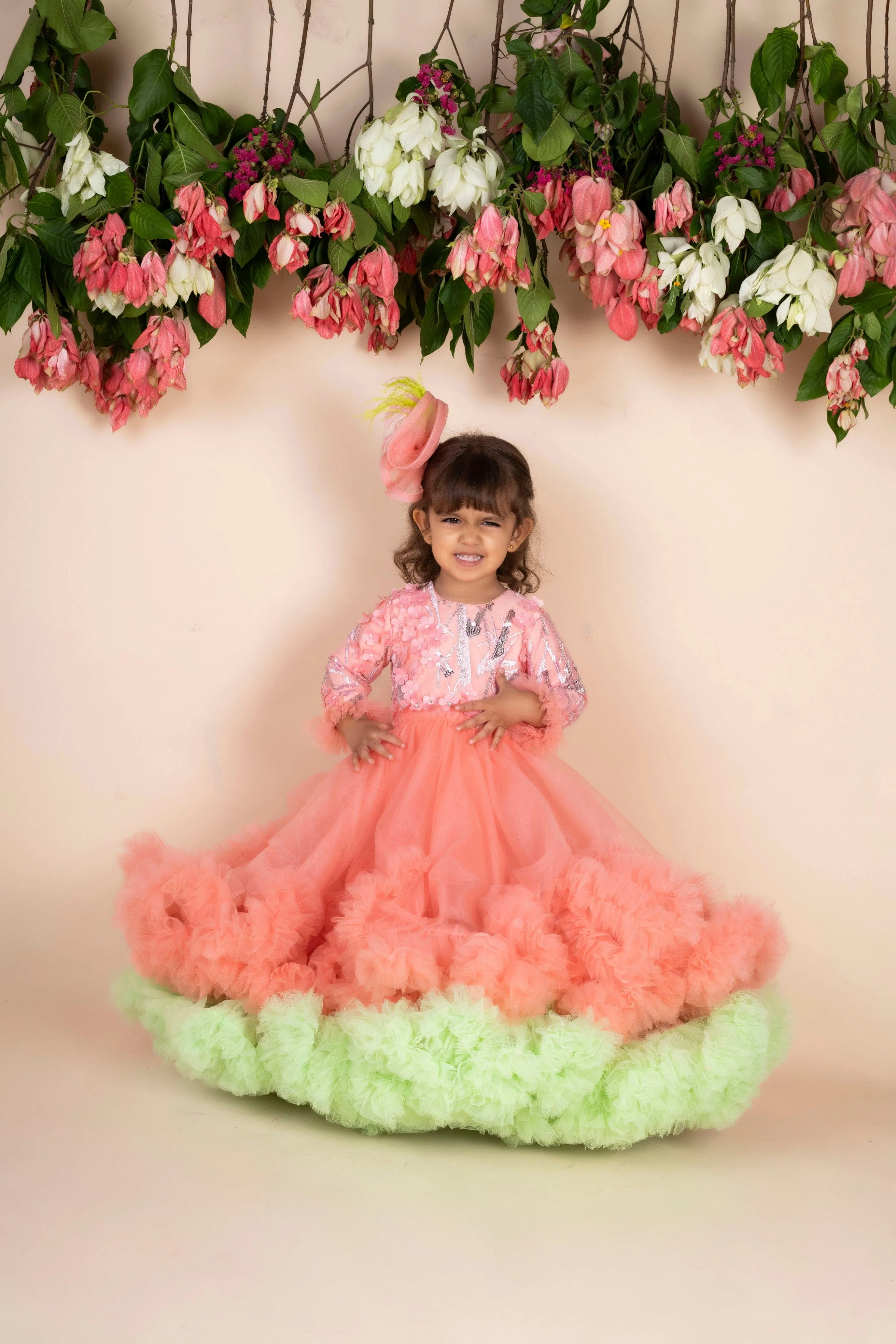Pre-Order:  3D Flower Peach Green Ruffled gown