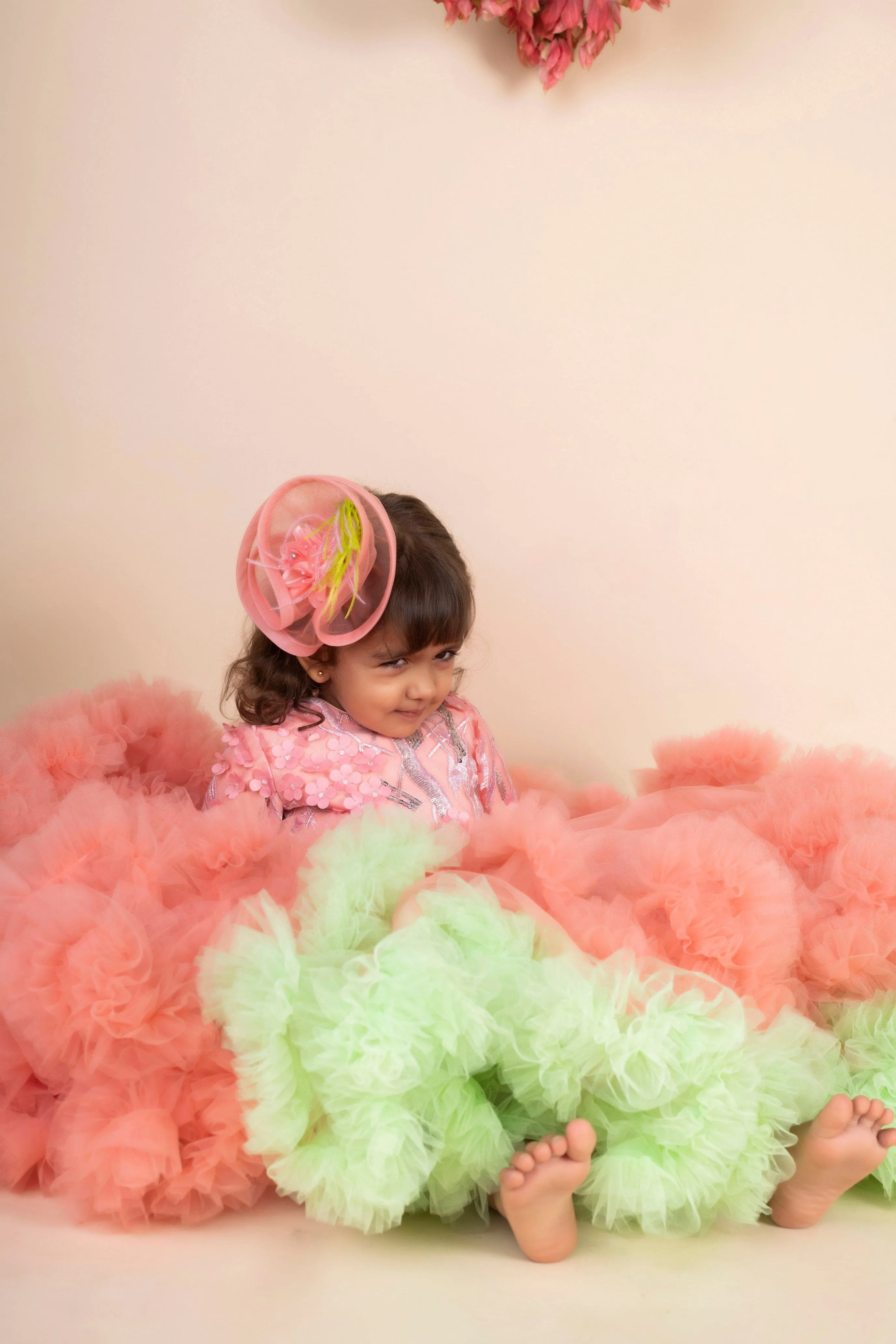 Pre-Order:  3D Flower Peach Green Ruffled gown