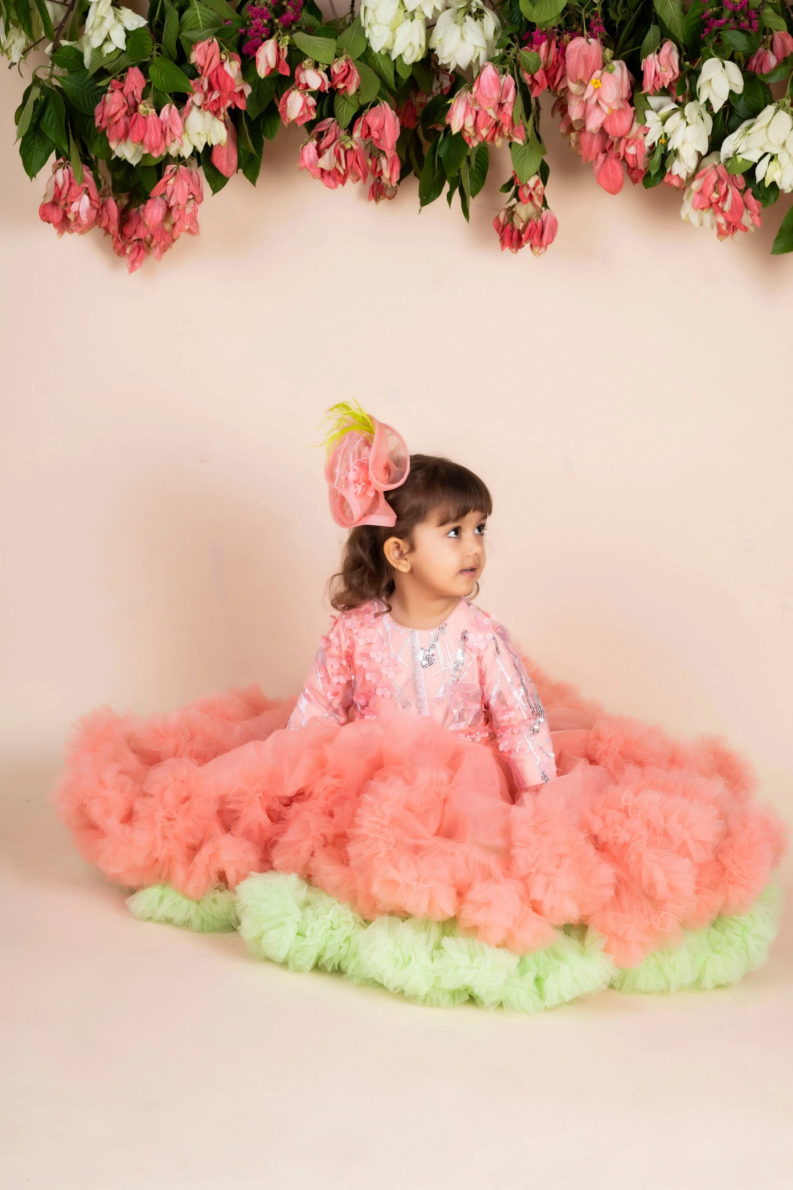 Pre-Order:  3D Flower Peach Green Ruffled gown