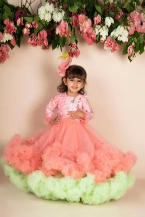 Pre-Order:  3D Flower Peach Green Ruffled gown